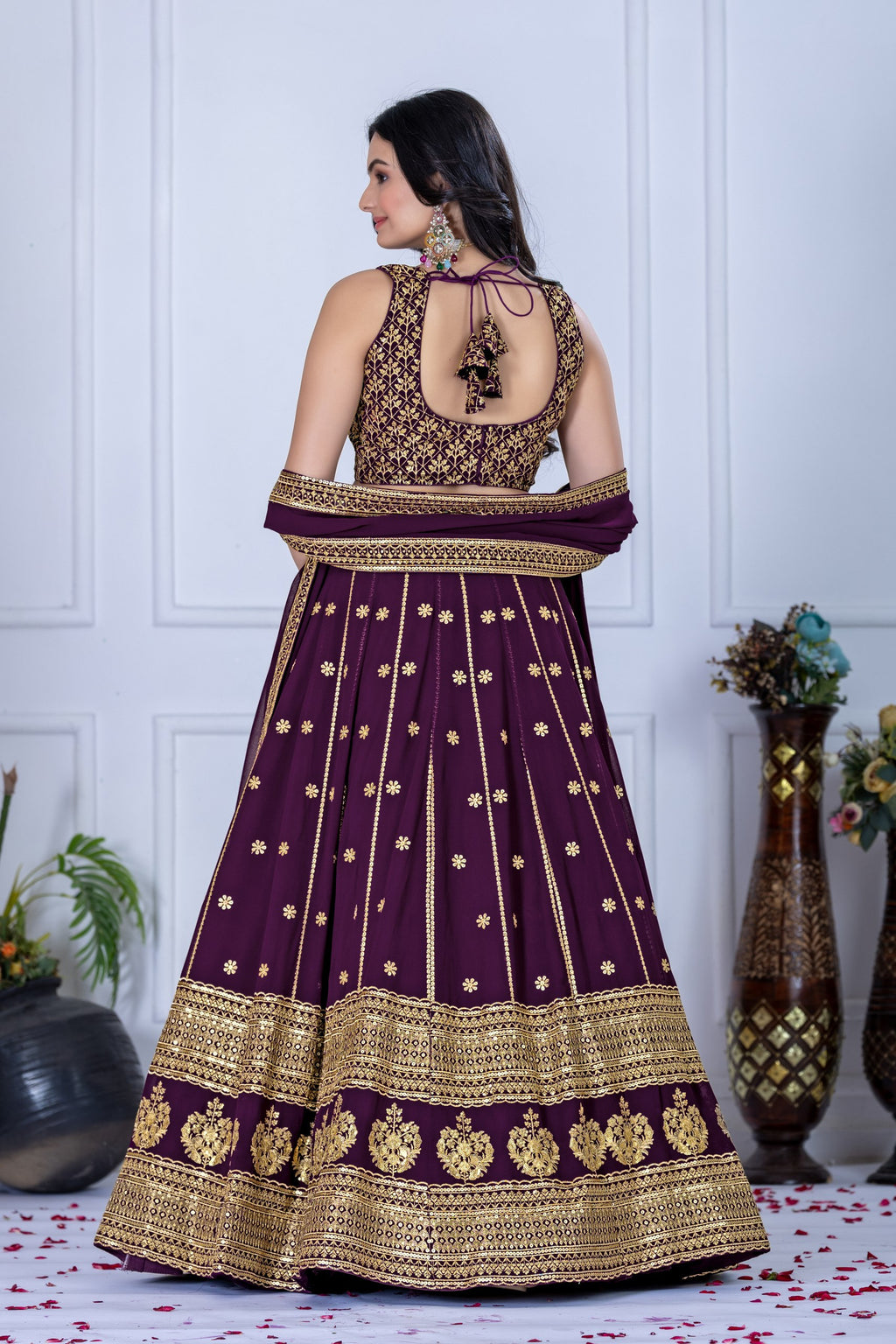 Women's Wine Heavy Embroidered Semi-Stitched Lehenga Choli with Embroidered Georgette Dupatta | Designer Wedding, Reception, Engagement & Party Wear Lehenga Set