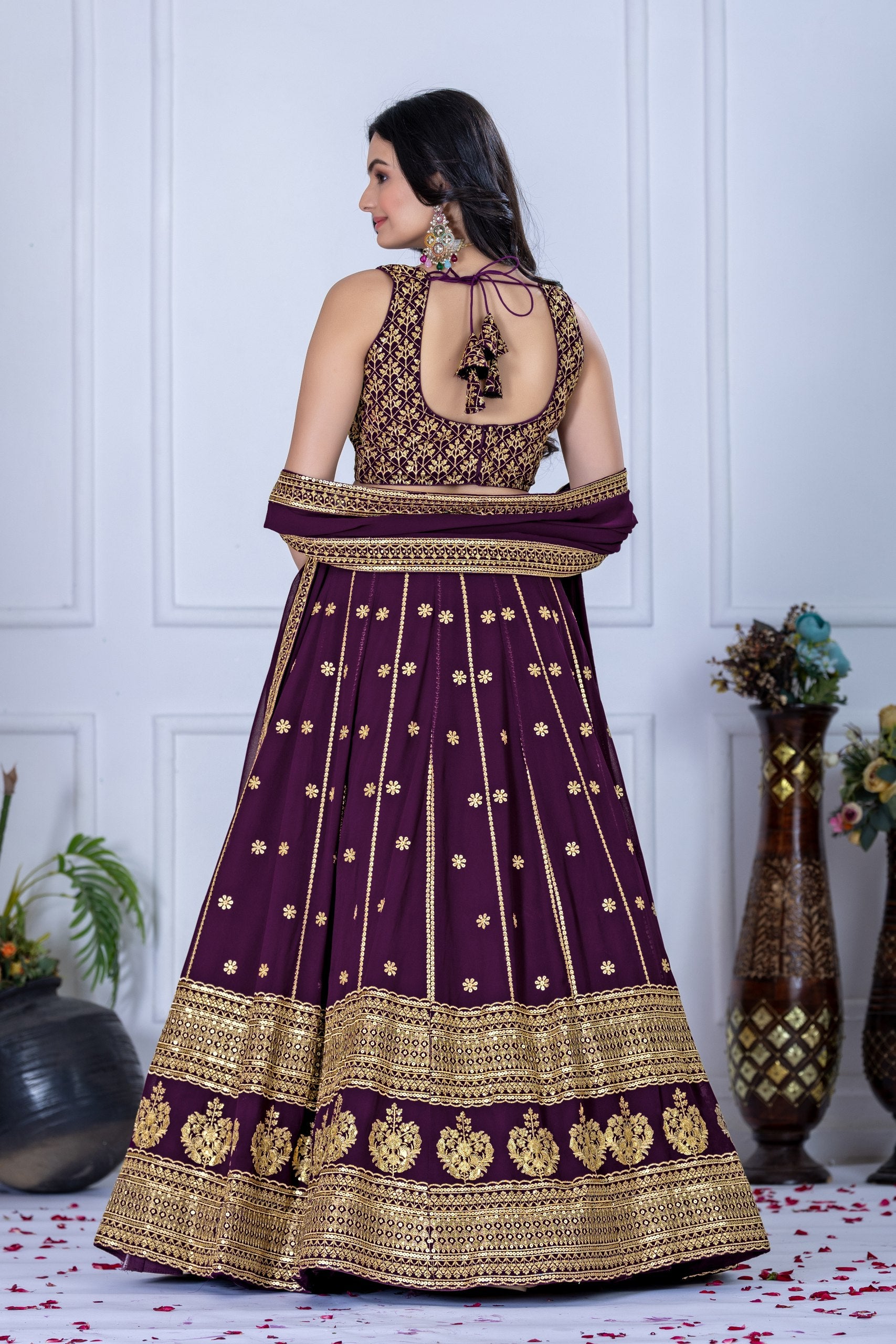 Women's Wine Heavy Embroidered Semi-Stitched Lehenga Choli with Embroidered Georgette Dupatta | Designer Wedding, Reception, Engagement & Party Wear Lehenga Set