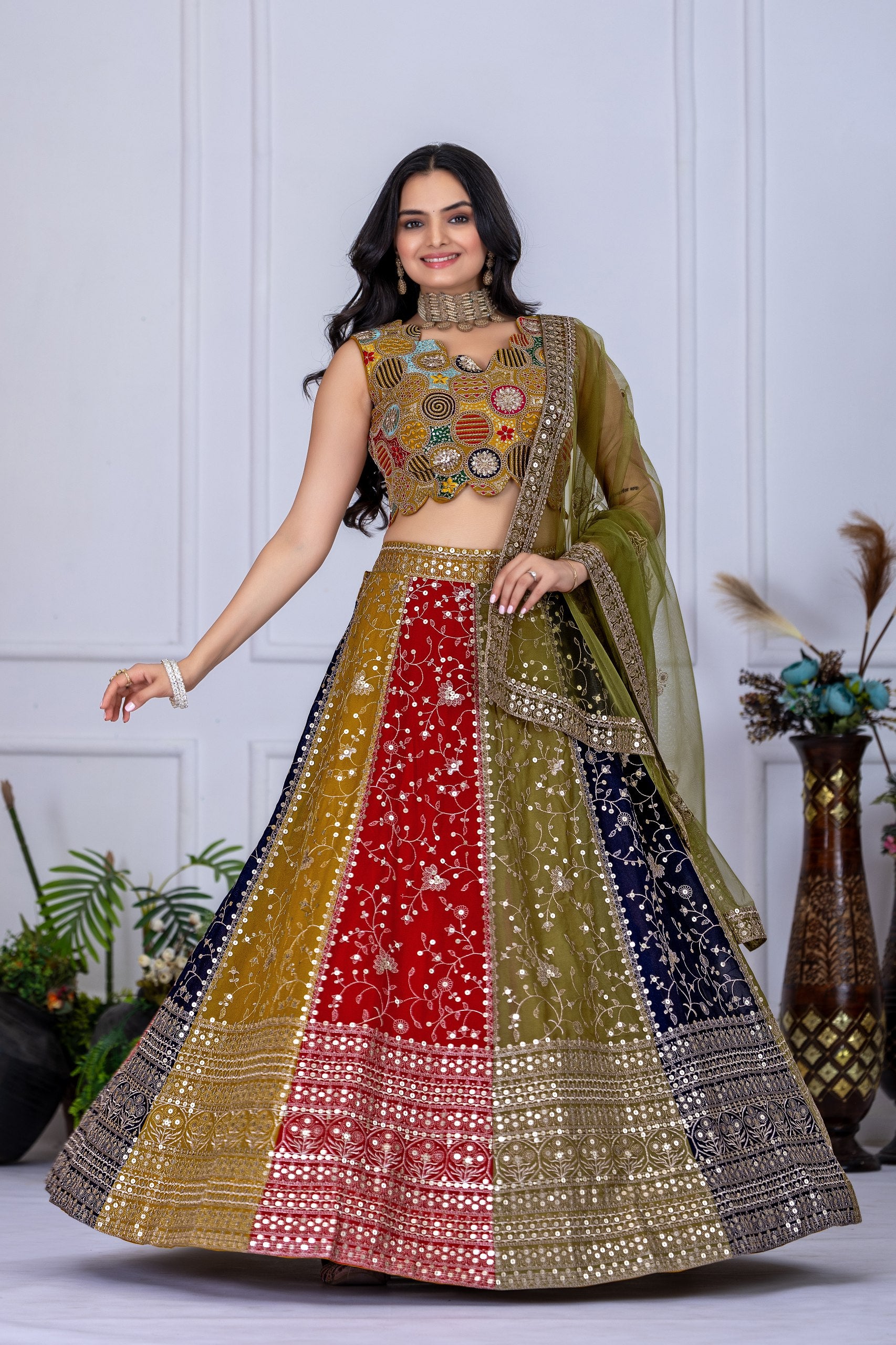 Women's Multicolor Heavy Embroidered Semi-Stitched Lehenga Choli with Soft Net Dupatta | Designer Wedding, Navratri, Garba, Reception & Party Wear Lehenga Set