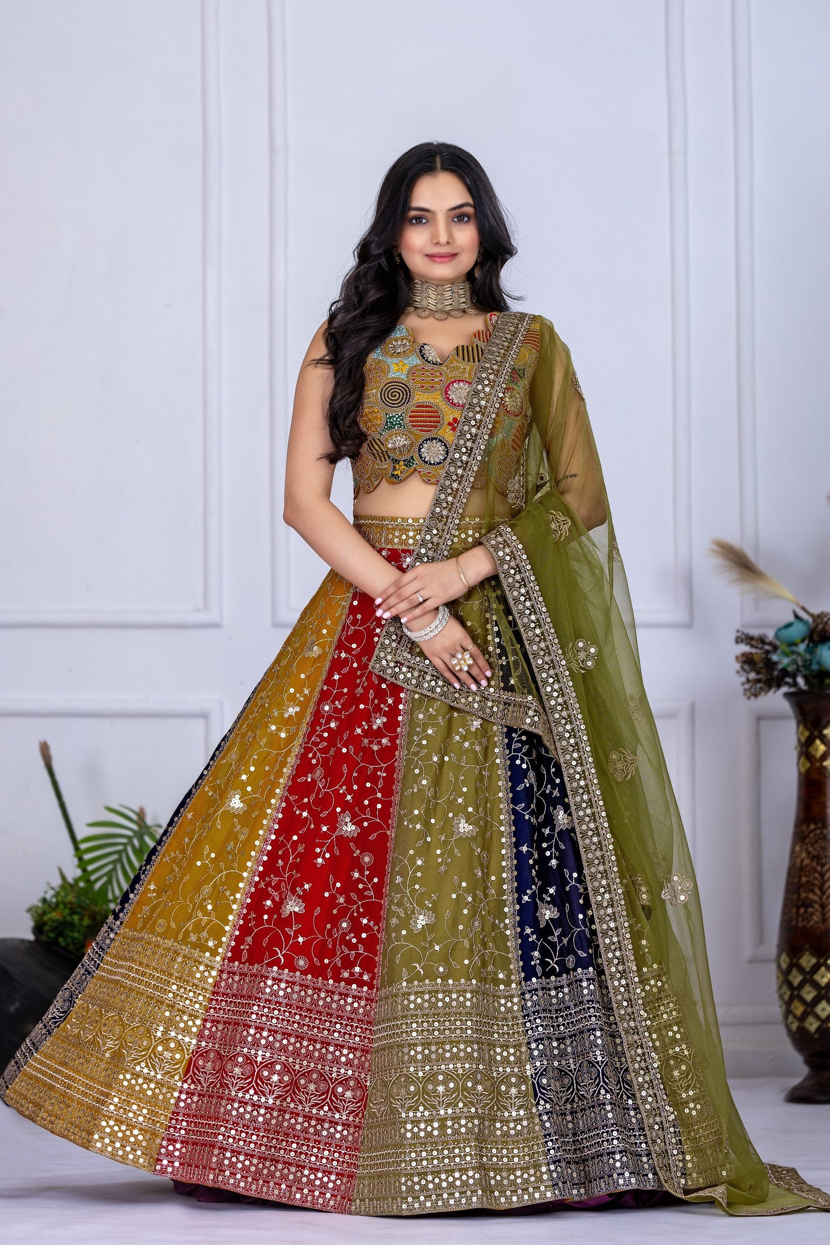 Women's Multicolor Heavy Embroidered Semi-Stitched Lehenga Choli with Soft Net Dupatta | Designer Wedding, Navratri, Garba, Reception & Party Wear Lehenga Set