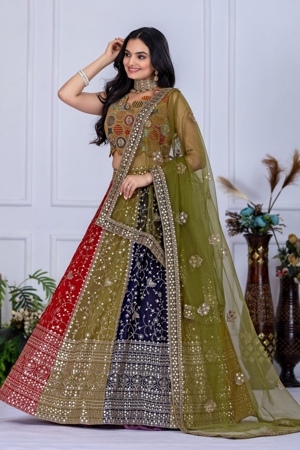 Women's Multicolor Heavy Embroidered Semi-Stitched Lehenga Choli with Soft Net Dupatta | Designer Wedding, Navratri, Garba, Reception & Party Wear Lehenga Set