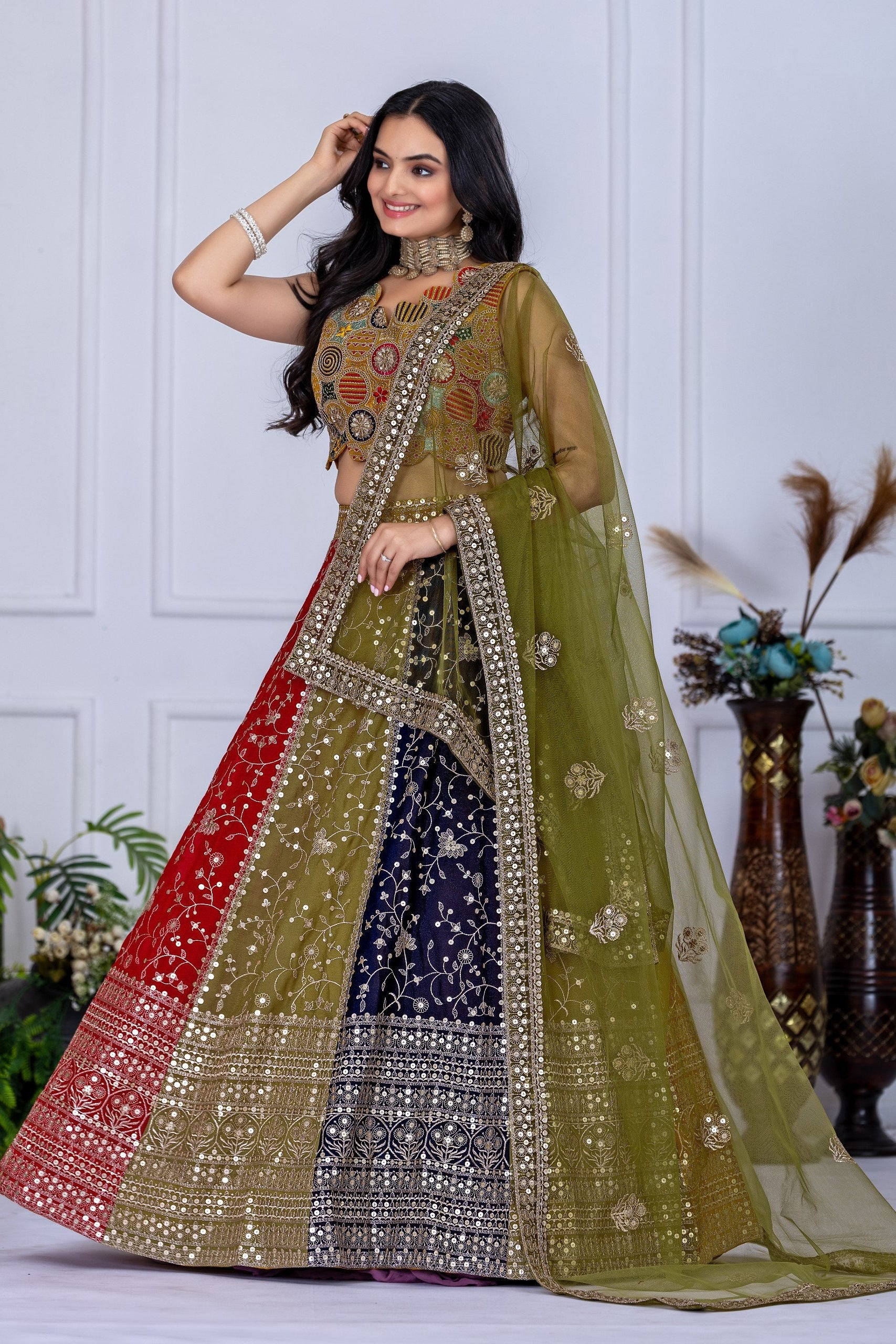 Women's Multicolor Heavy Embroidered Semi-Stitched Lehenga Choli with Soft Net Dupatta | Designer Wedding, Navratri, Garba, Reception & Party Wear Lehenga Set