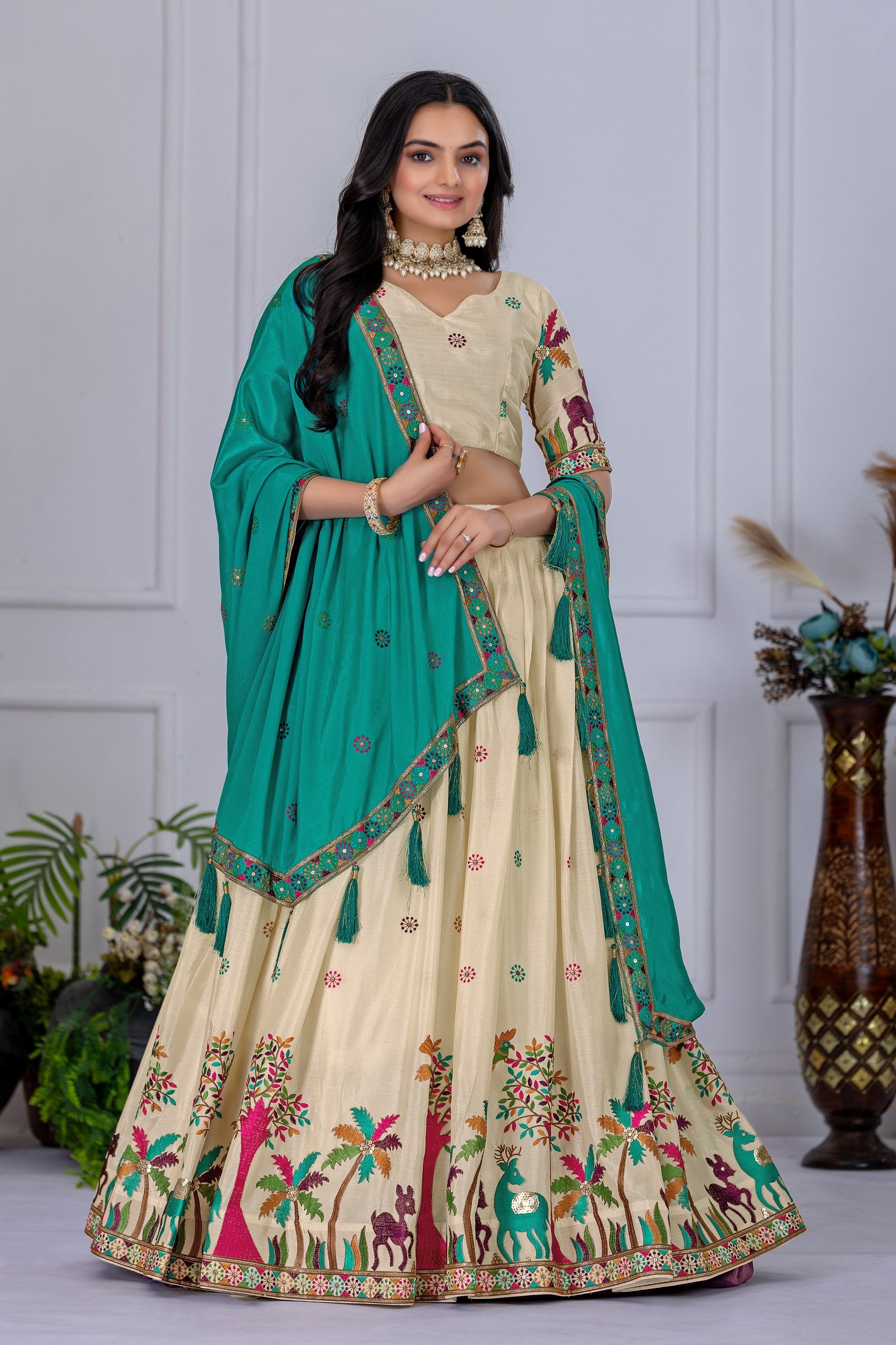Women's Cream Heavy Chinon Silk Embroidered Lehenga Choli with Matching Dupatta | Designer Wedding, Reception, Engagement, Festive & Party Wear Lehenga Set