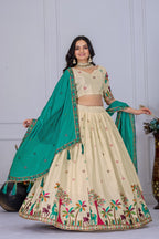 Women's Cream Heavy Chinon Silk Embroidered Lehenga Choli with Matching Dupatta | Designer Wedding, Reception, Engagement, Festive & Party Wear Lehenga Set