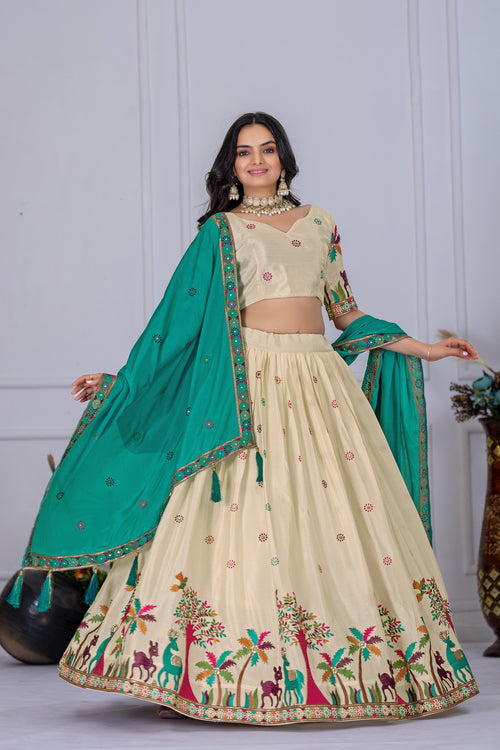 Women's Cream Heavy Chinon Silk Embroidered Lehenga Choli with Matching Dupatta | Designer Wedding, Reception, Engagement, Festive & Party Wear Lehenga Set