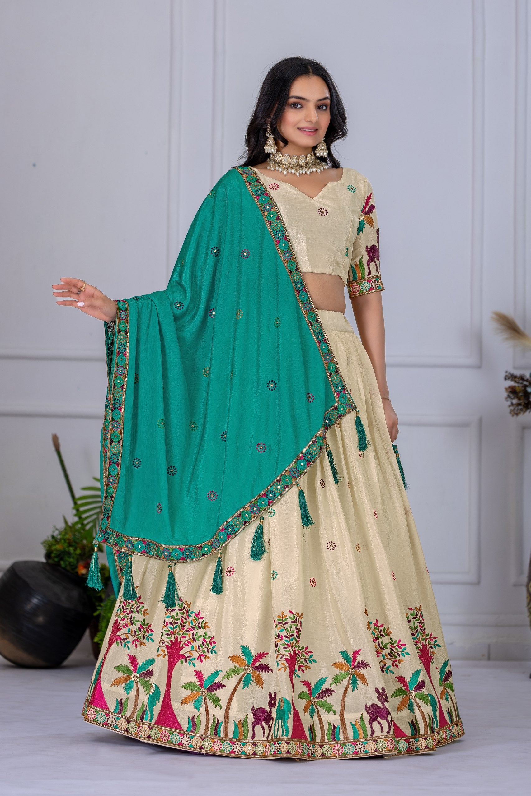 Women's Cream Heavy Chinon Silk Embroidered Lehenga Choli with Matching Dupatta | Designer Wedding, Reception, Engagement, Festive & Party Wear Lehenga Set