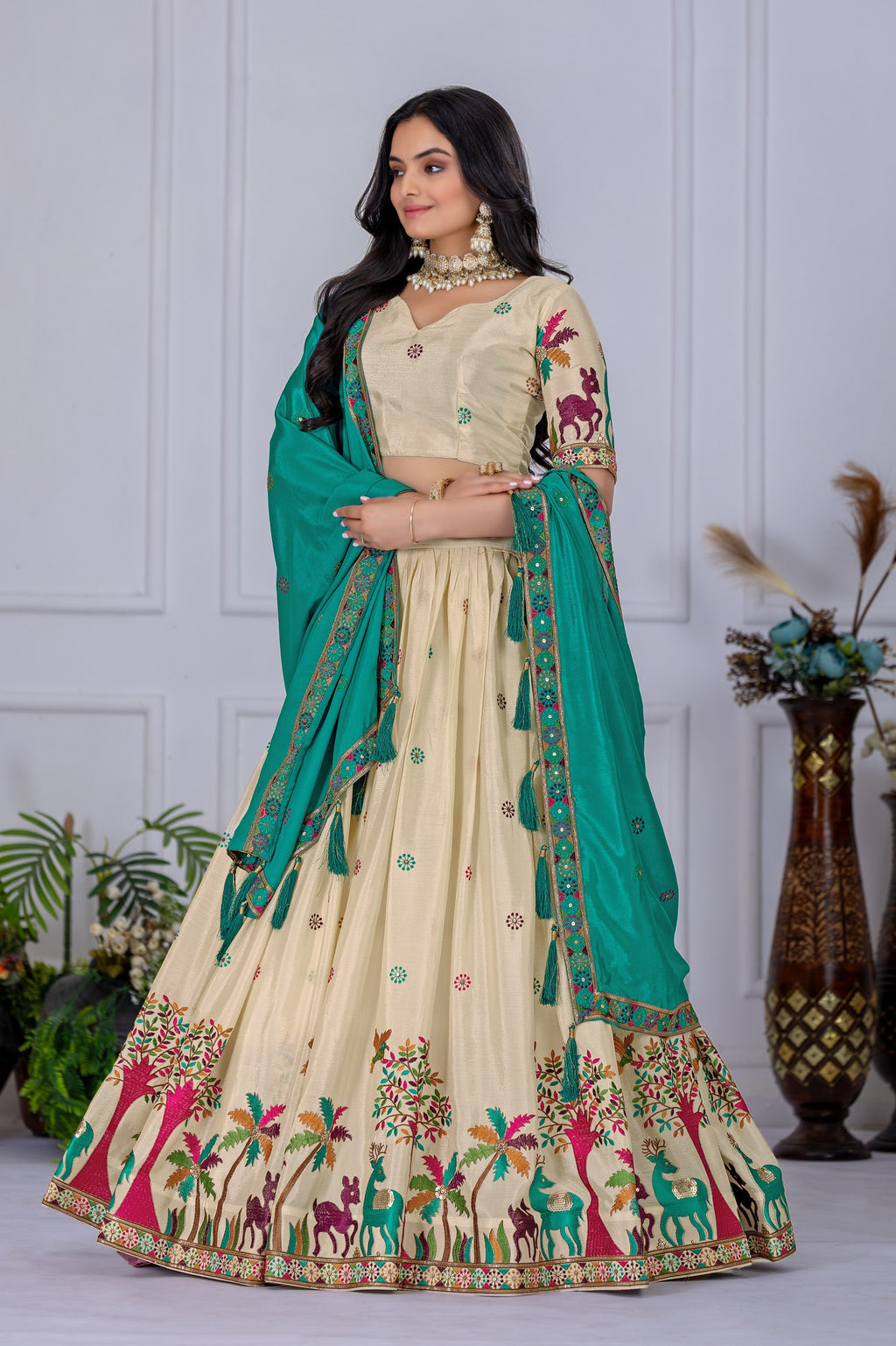 Women's Cream Heavy Chinon Silk Embroidered Lehenga Choli with Matching Dupatta | Designer Wedding, Reception, Engagement, Festive & Party Wear Lehenga Set