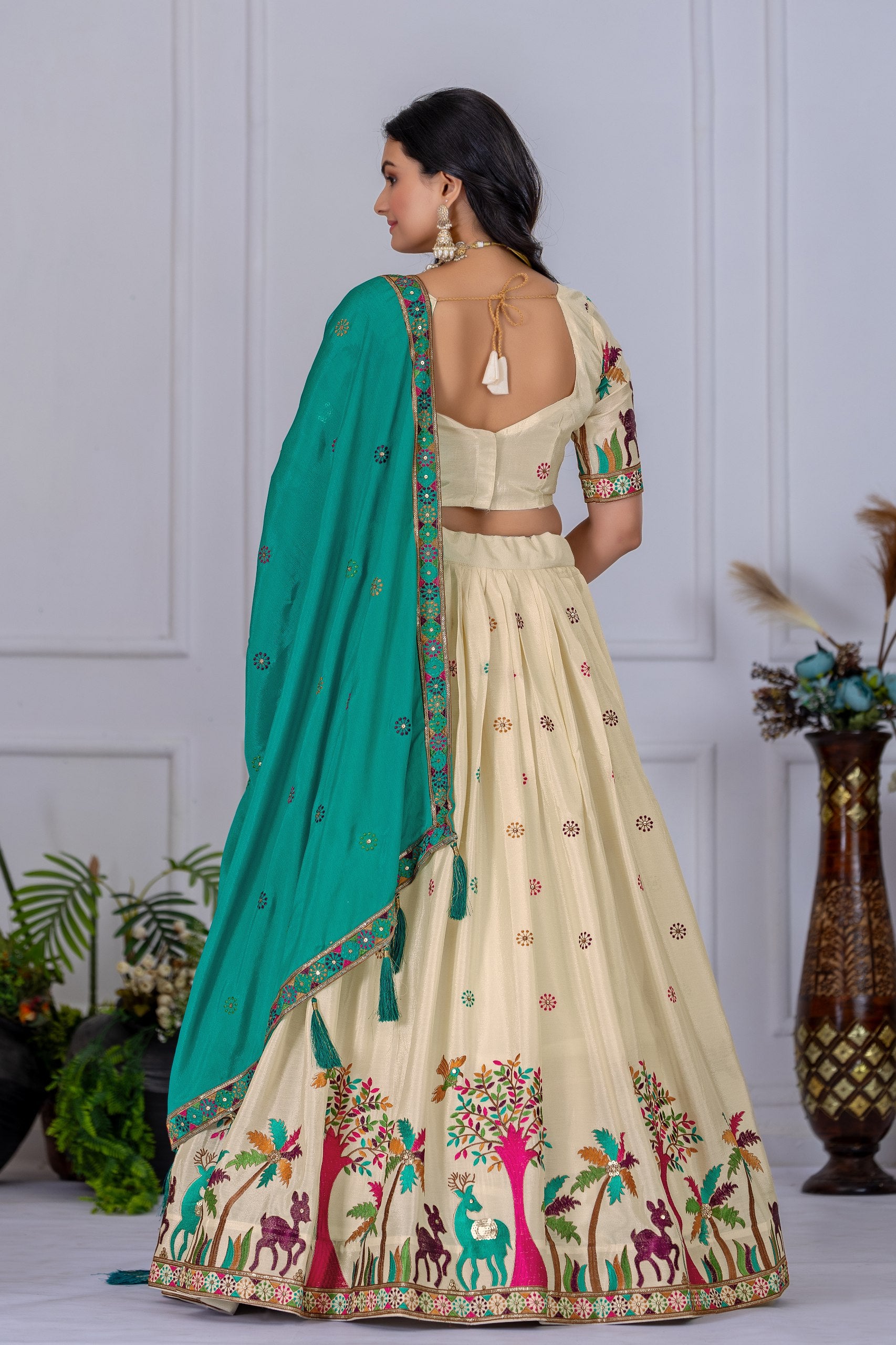 Women's Cream Heavy Chinon Silk Embroidered Lehenga Choli with Matching Dupatta | Designer Wedding, Reception, Engagement, Festive & Party Wear Lehenga Set