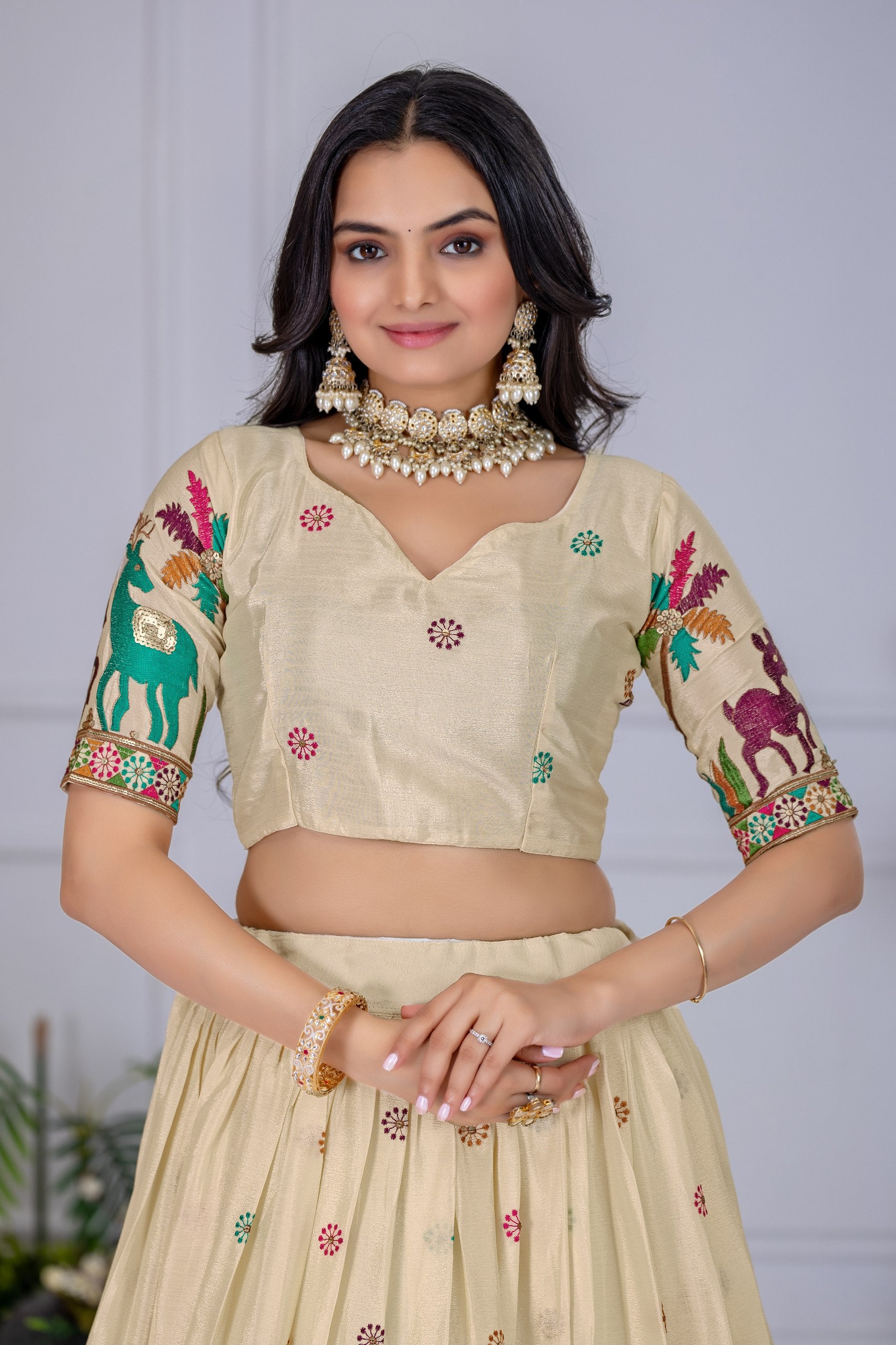 Women's Cream Heavy Chinon Silk Embroidered Lehenga Choli with Matching Dupatta | Designer Wedding, Reception, Engagement, Festive & Party Wear Lehenga Set
