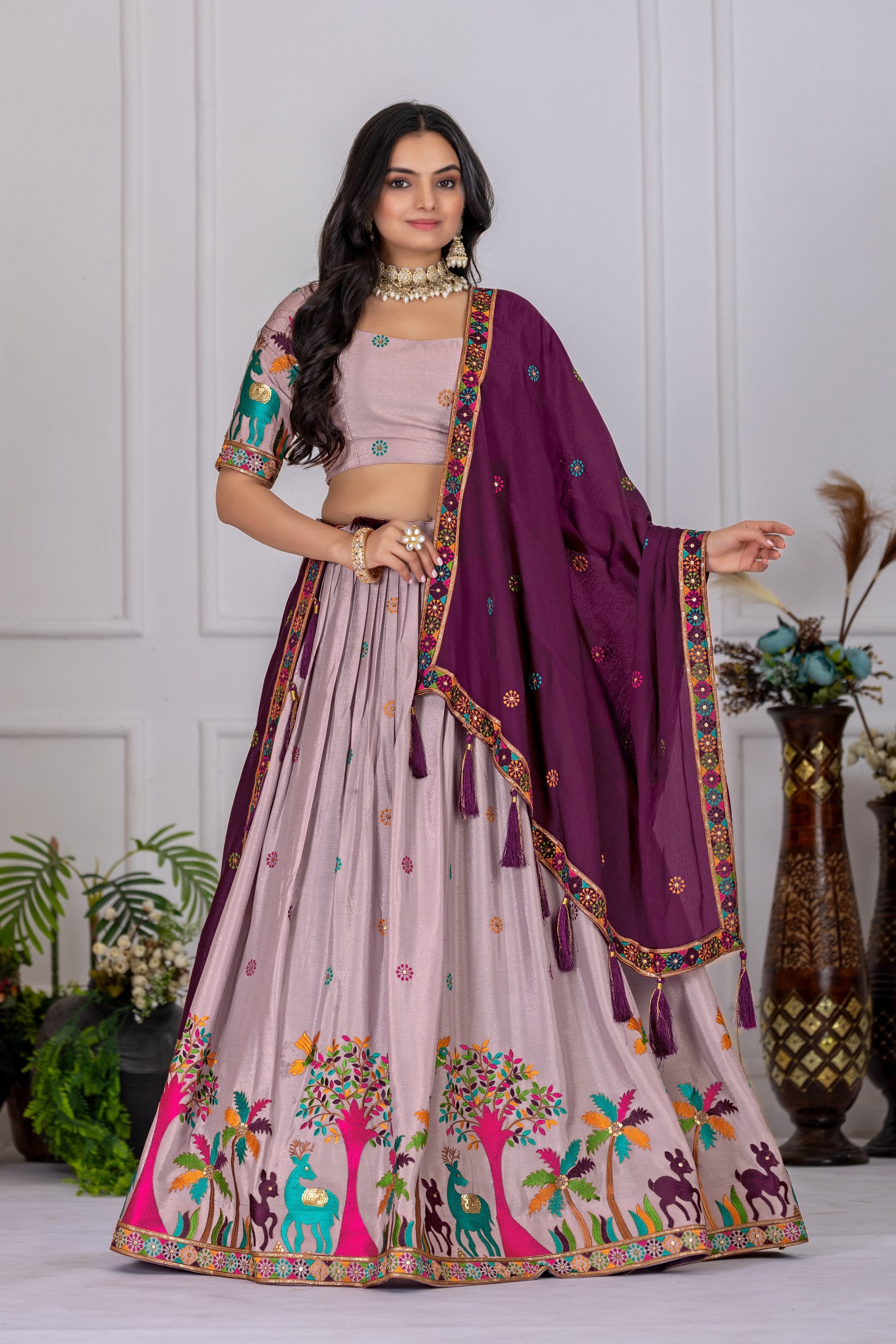 Women's Wine Heavy Chinon Silk Embroidered Lehenga Choli with Purple Dupatta | Designer Wedding, Reception, Engagement, Festive & Party Wear Lehenga Set