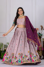 Women's Wine Heavy Chinon Silk Embroidered Lehenga Choli with Purple Dupatta | Designer Wedding, Reception, Engagement, Festive & Party Wear Lehenga Set