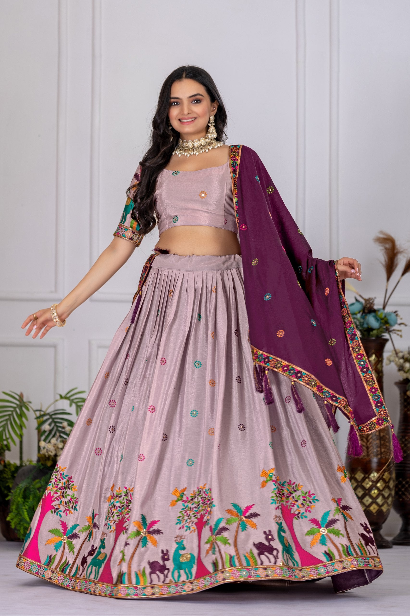 Women's Wine Heavy Chinon Silk Embroidered Lehenga Choli with Purple Dupatta | Designer Wedding, Reception, Engagement, Festive & Party Wear Lehenga Set