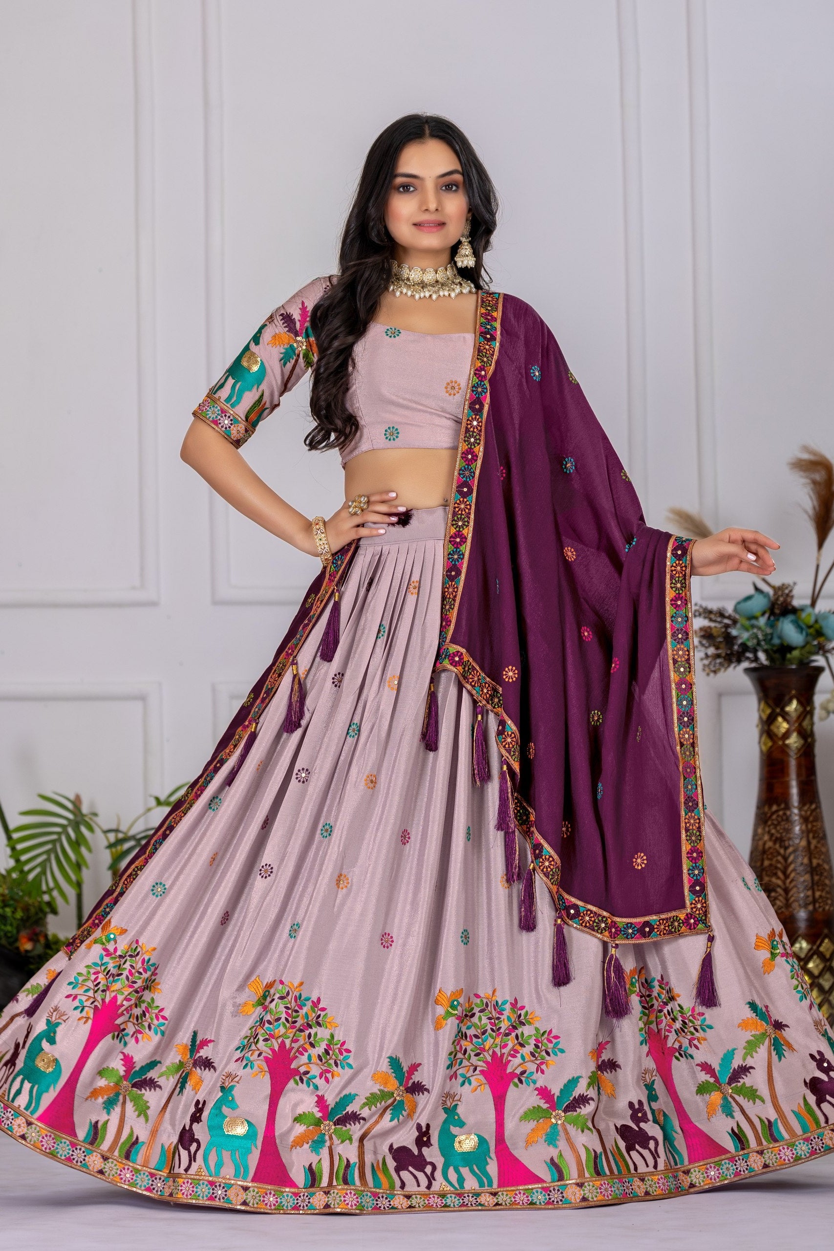 Women's Wine Heavy Chinon Silk Embroidered Lehenga Choli with Purple Dupatta | Designer Wedding, Reception, Engagement, Festive & Party Wear Lehenga Set