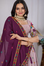 Women's Wine Heavy Chinon Silk Embroidered Lehenga Choli with Purple Dupatta | Designer Wedding, Reception, Engagement, Festive & Party Wear Lehenga Set