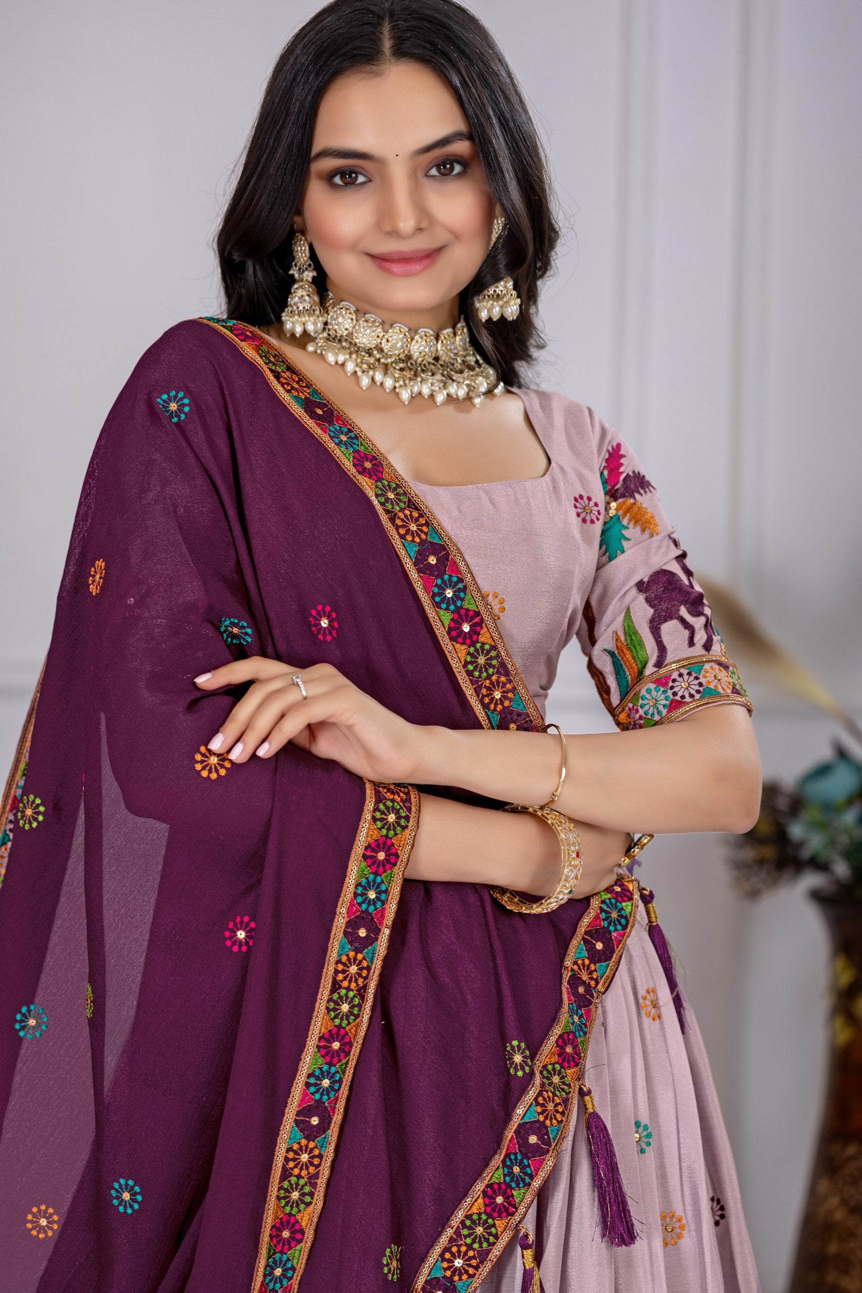 Women's Wine Heavy Chinon Silk Embroidered Lehenga Choli with Purple Dupatta | Designer Wedding, Reception, Engagement, Festive & Party Wear Lehenga Set