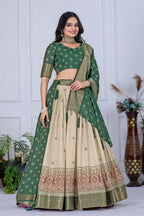 Women's Green & Cream Jacquard Lichi Silk Lehenga Choli with Designer Dupatta | Traditional Wedding, Festive, Navratri & Party Wear Lehenga Set