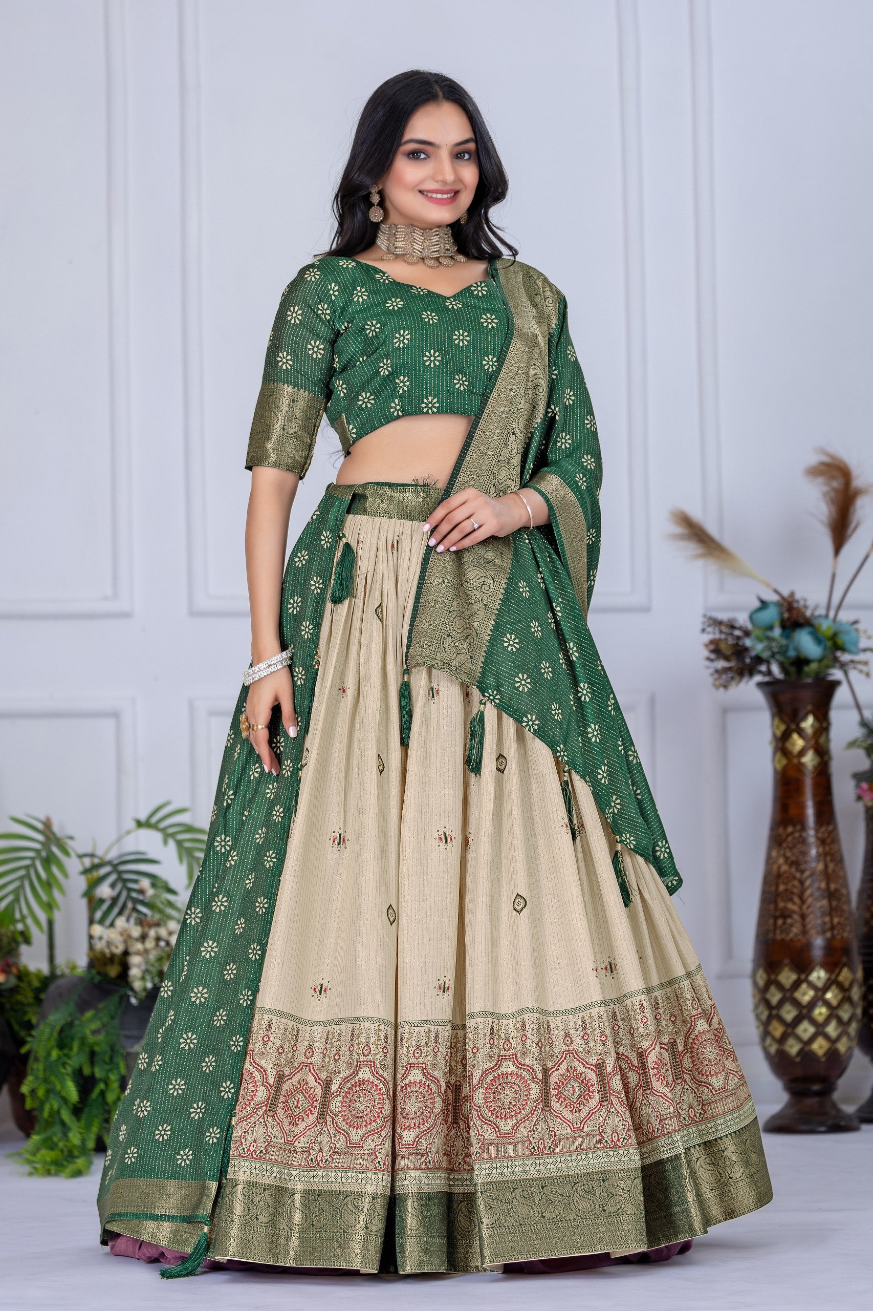 Women's Green & Cream Jacquard Lichi Silk Lehenga Choli with Designer Dupatta | Traditional Wedding, Festive, Navratri & Party Wear Lehenga Set