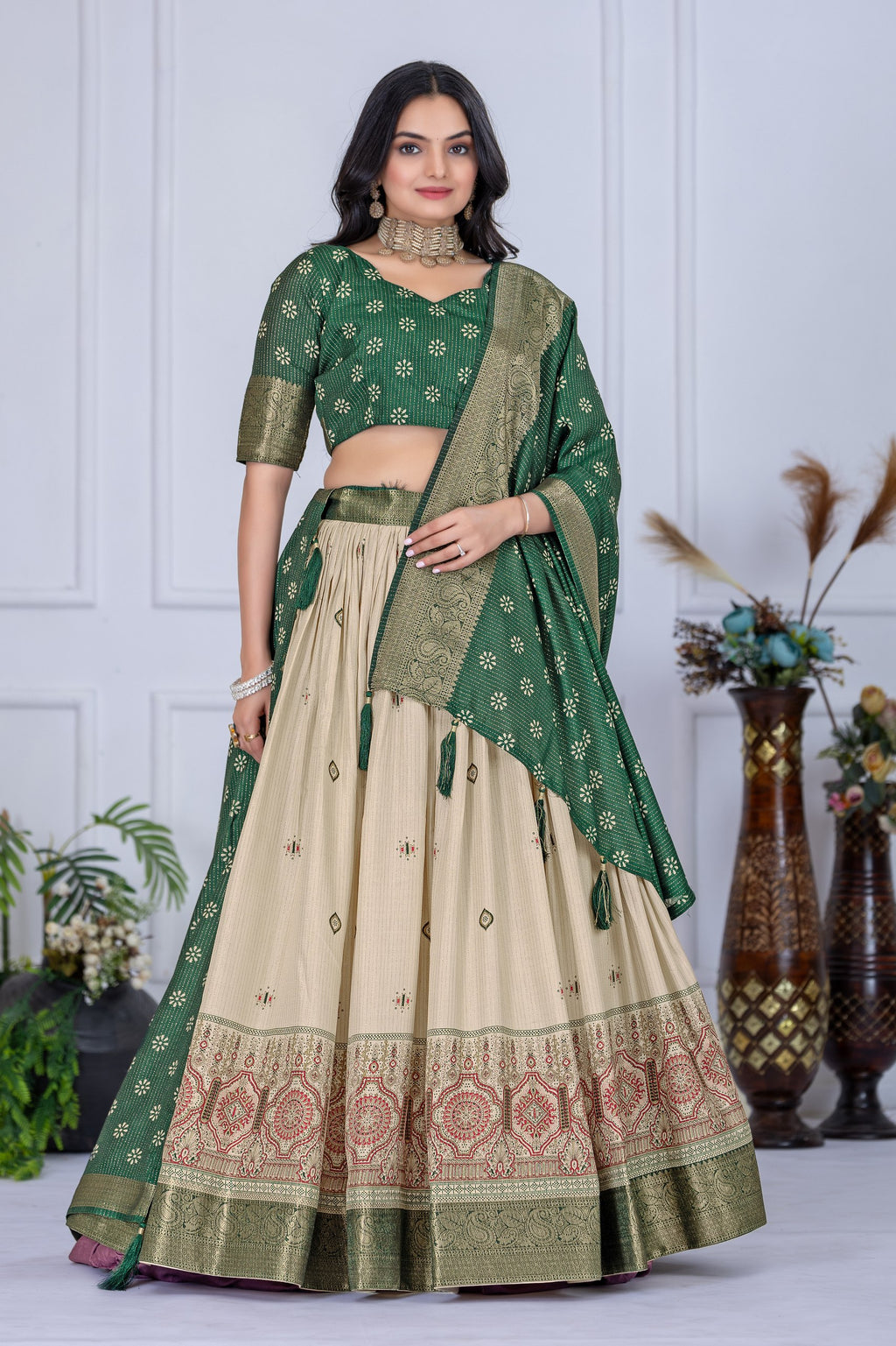 Women's Green & Cream Jacquard Lichi Silk Lehenga Choli with Designer Dupatta | Traditional Wedding, Festive, Navratri & Party Wear Lehenga Set