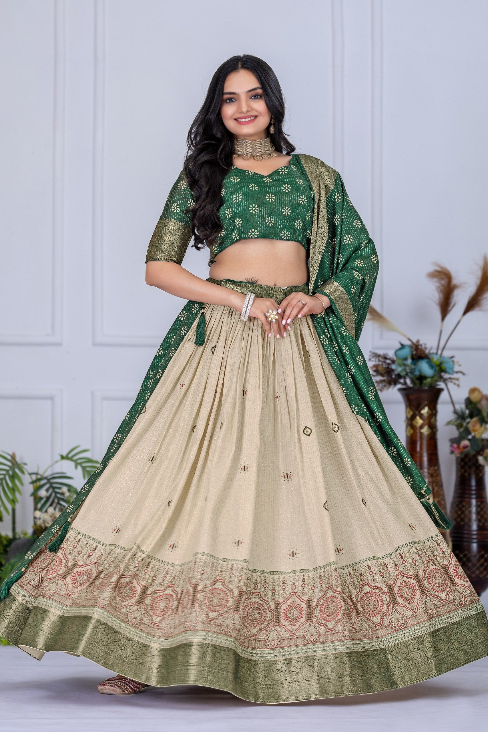 Women's Green & Cream Jacquard Lichi Silk Lehenga Choli with Designer Dupatta | Traditional Wedding, Festive, Navratri & Party Wear Lehenga Set