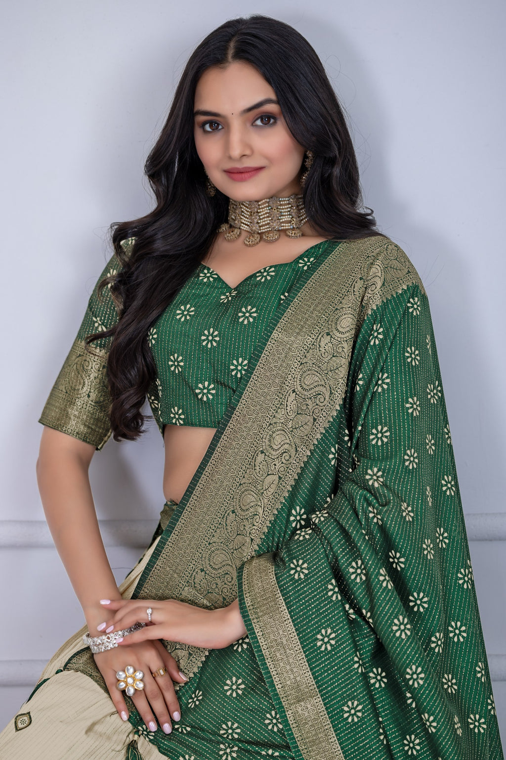 Women's Green & Cream Jacquard Lichi Silk Lehenga Choli with Designer Dupatta | Traditional Wedding, Festive, Navratri & Party Wear Lehenga Set