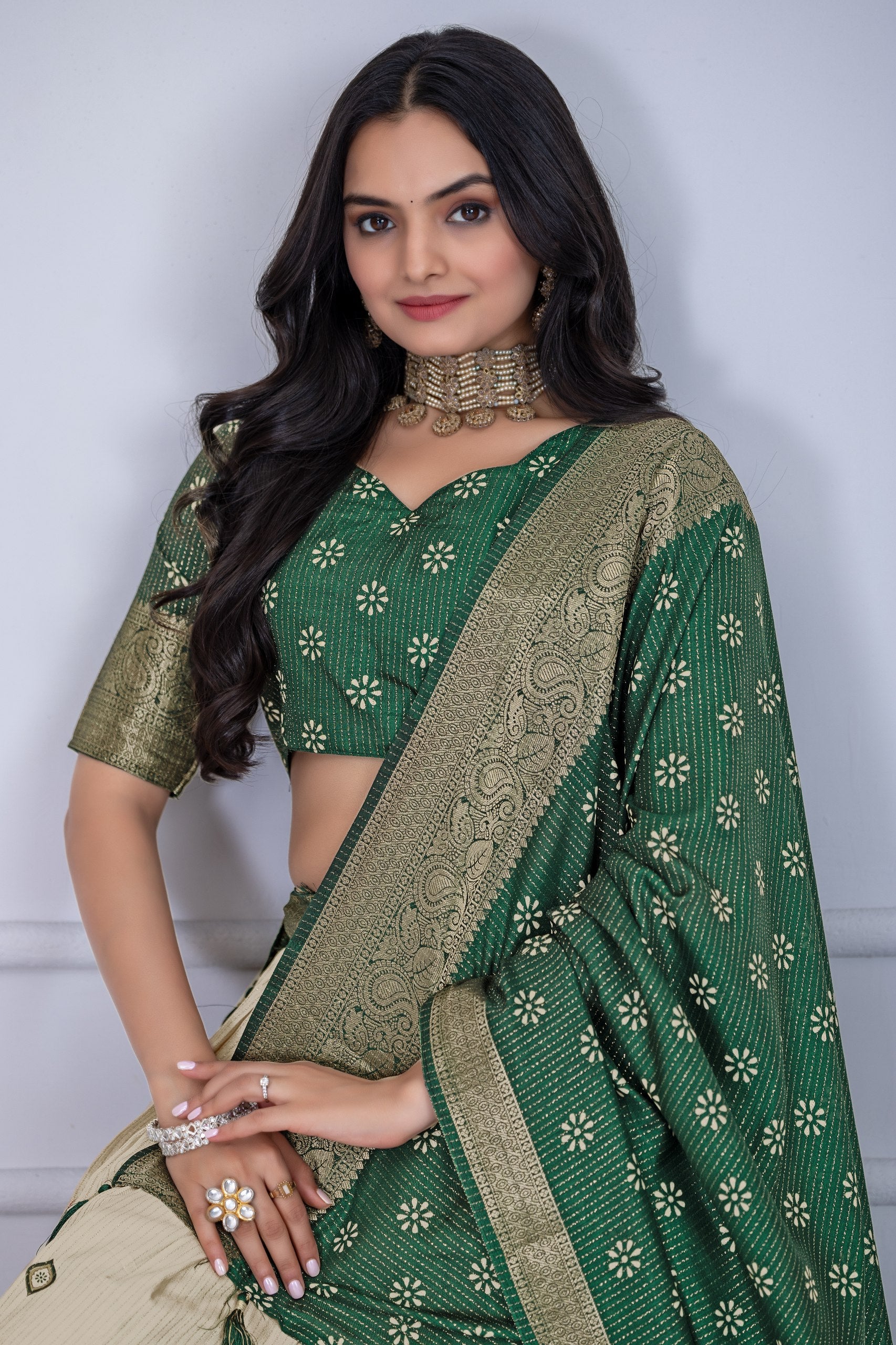 Women's Green & Cream Jacquard Lichi Silk Lehenga Choli with Designer Dupatta | Traditional Wedding, Festive, Navratri & Party Wear Lehenga Set