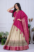 Women's Pink & Cream Jacquard Lichi Silk Lehenga Choli with Designer Dupatta | Traditional Wedding, Festive, Navratri & Party Wear Lehenga Set
