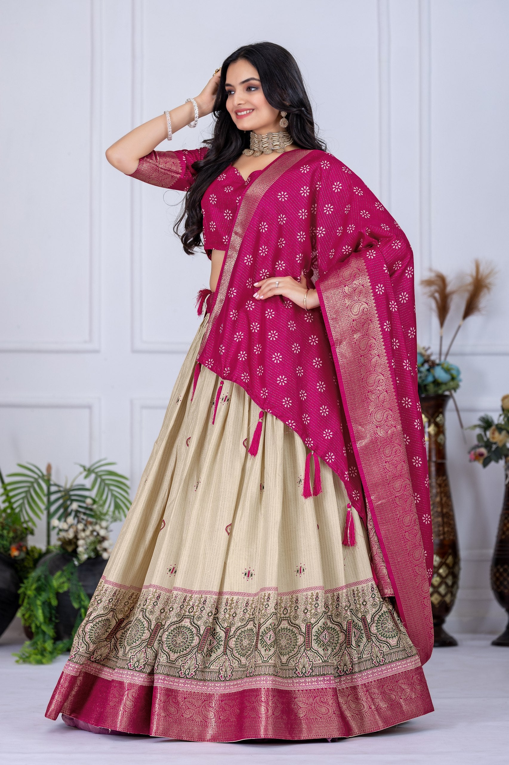Women's Pink & Cream Jacquard Lichi Silk Lehenga Choli with Designer Dupatta | Traditional Wedding, Festive, Navratri & Party Wear Lehenga Set