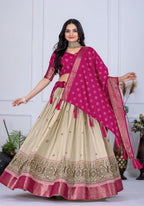 Women's Pink & Cream Jacquard Lichi Silk Lehenga Choli with Designer Dupatta | Traditional Wedding, Festive, Navratri & Party Wear Lehenga Set