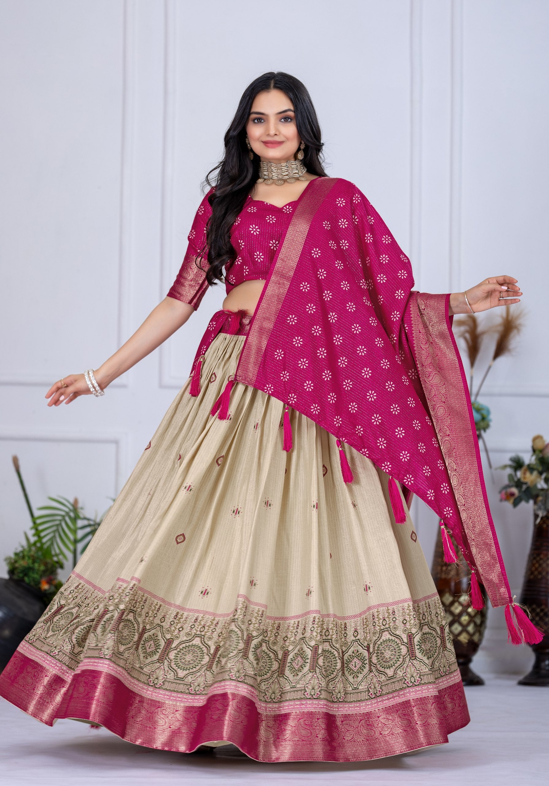 Women's Pink & Cream Jacquard Lichi Silk Lehenga Choli with Designer Dupatta | Traditional Wedding, Festive, Navratri & Party Wear Lehenga Set
