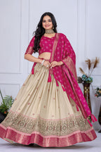 Women's Pink & Cream Jacquard Lichi Silk Lehenga Choli with Designer Dupatta | Traditional Wedding, Festive, Navratri & Party Wear Lehenga Set