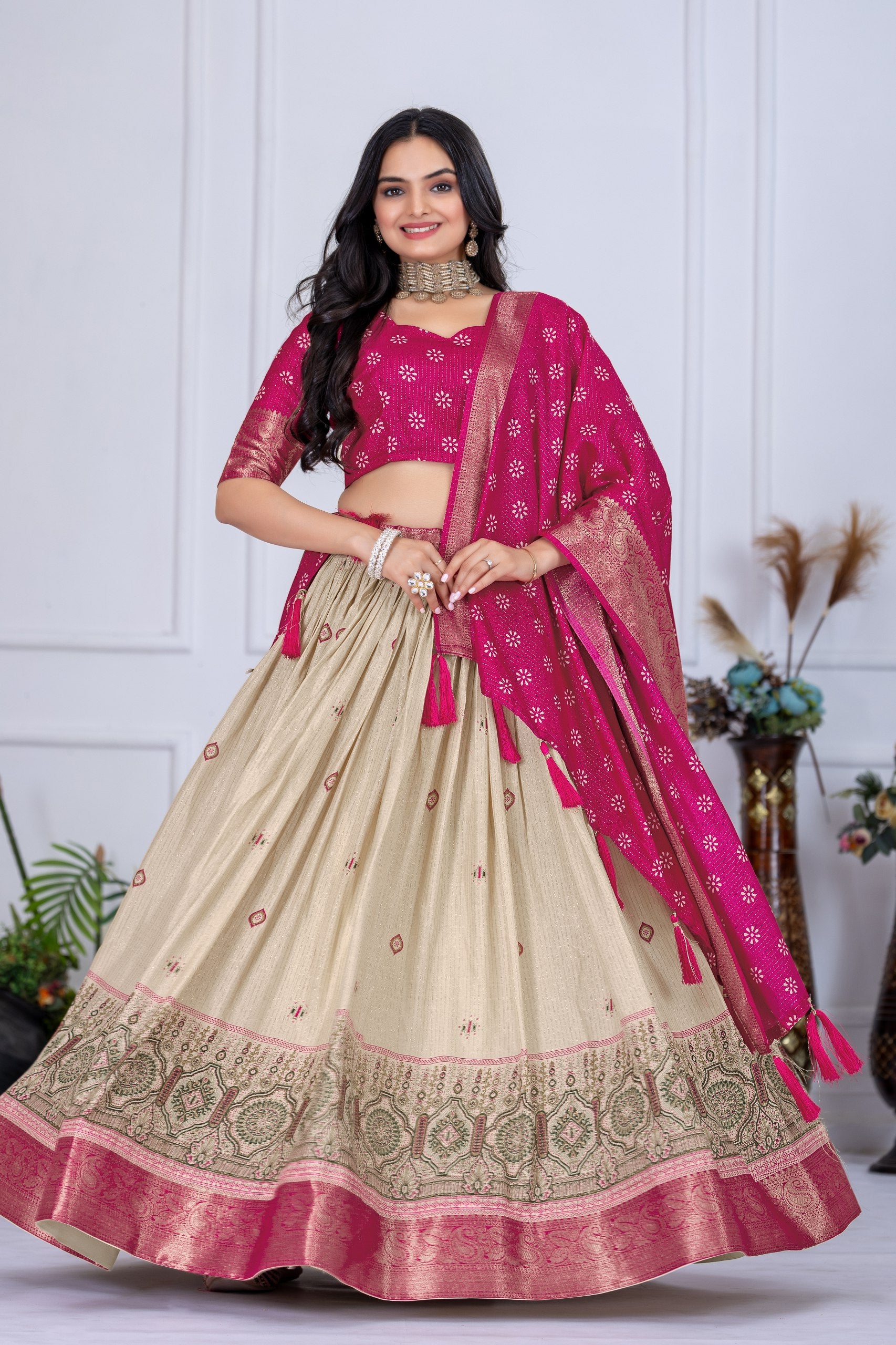 Women's Pink & Cream Jacquard Lichi Silk Lehenga Choli with Designer Dupatta | Traditional Wedding, Festive, Navratri & Party Wear Lehenga Set