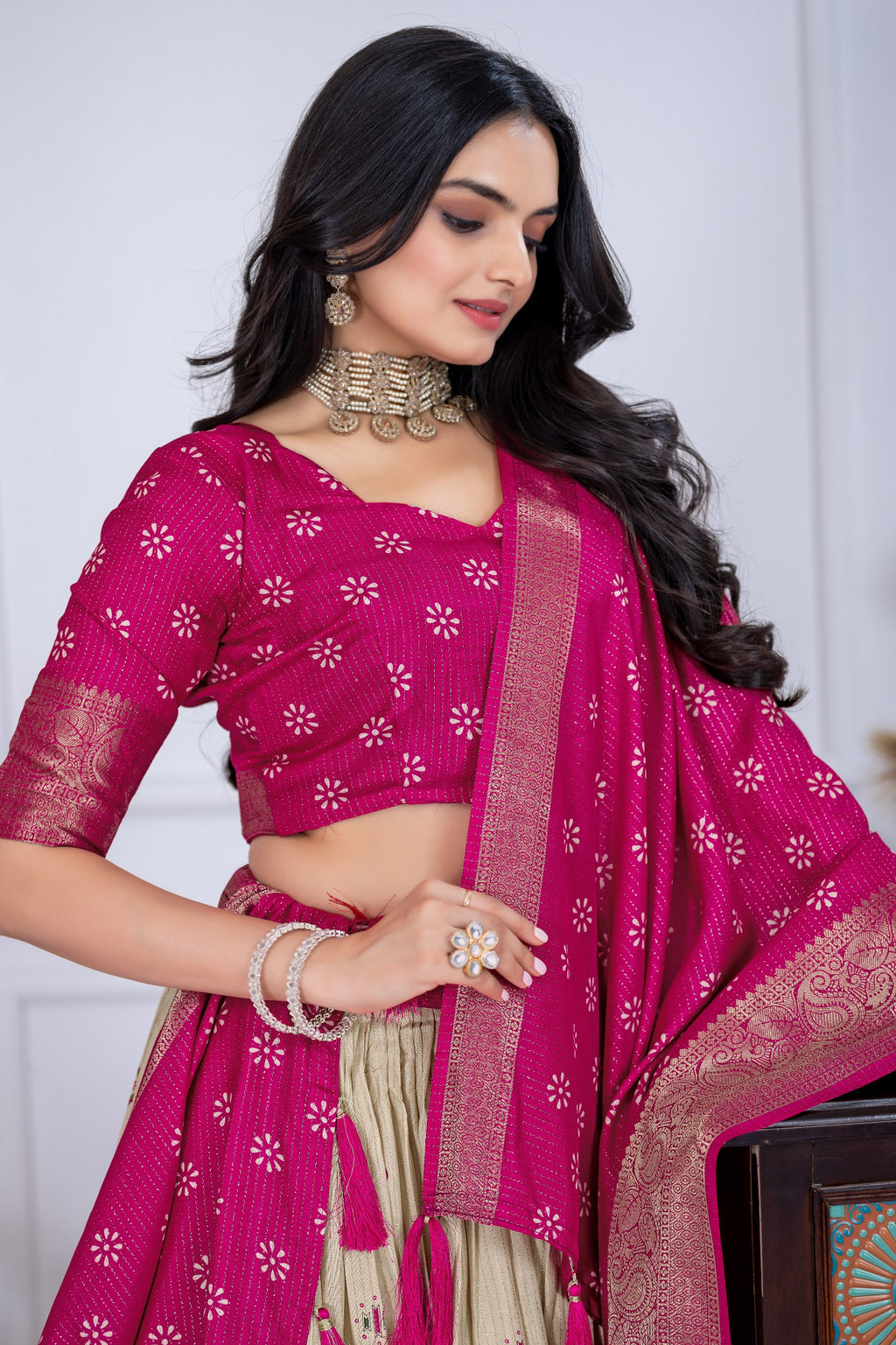 Women's Pink & Cream Jacquard Lichi Silk Lehenga Choli with Designer Dupatta | Traditional Wedding, Festive, Navratri & Party Wear Lehenga Set