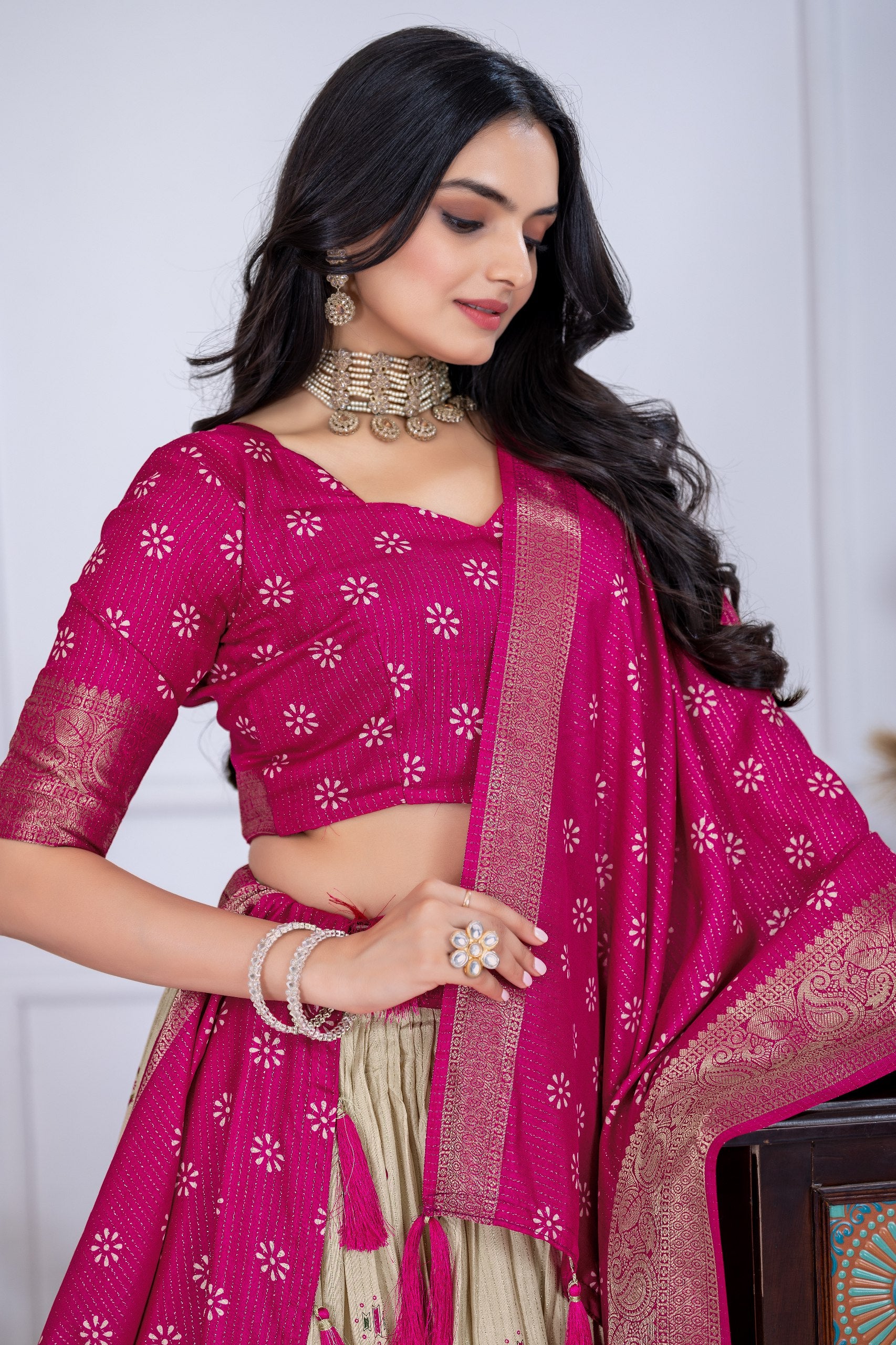 Women's Pink & Cream Jacquard Lichi Silk Lehenga Choli with Designer Dupatta | Traditional Wedding, Festive, Navratri & Party Wear Lehenga Set