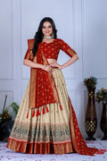 Women's Red & Cream Jacquard Lichi Silk Lehenga Choli with Designer Dupatta | Wedding, Festive, Navratri & Traditional Party Wear Lehenga Set