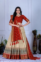 Women's Red & Cream Jacquard Lichi Silk Lehenga Choli with Designer Dupatta | Wedding, Festive, Navratri & Traditional Party Wear Lehenga Set