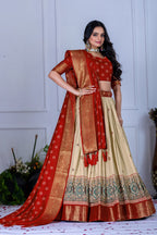 Women's Red & Cream Jacquard Lichi Silk Lehenga Choli with Designer Dupatta | Wedding, Festive, Navratri & Traditional Party Wear Lehenga Set