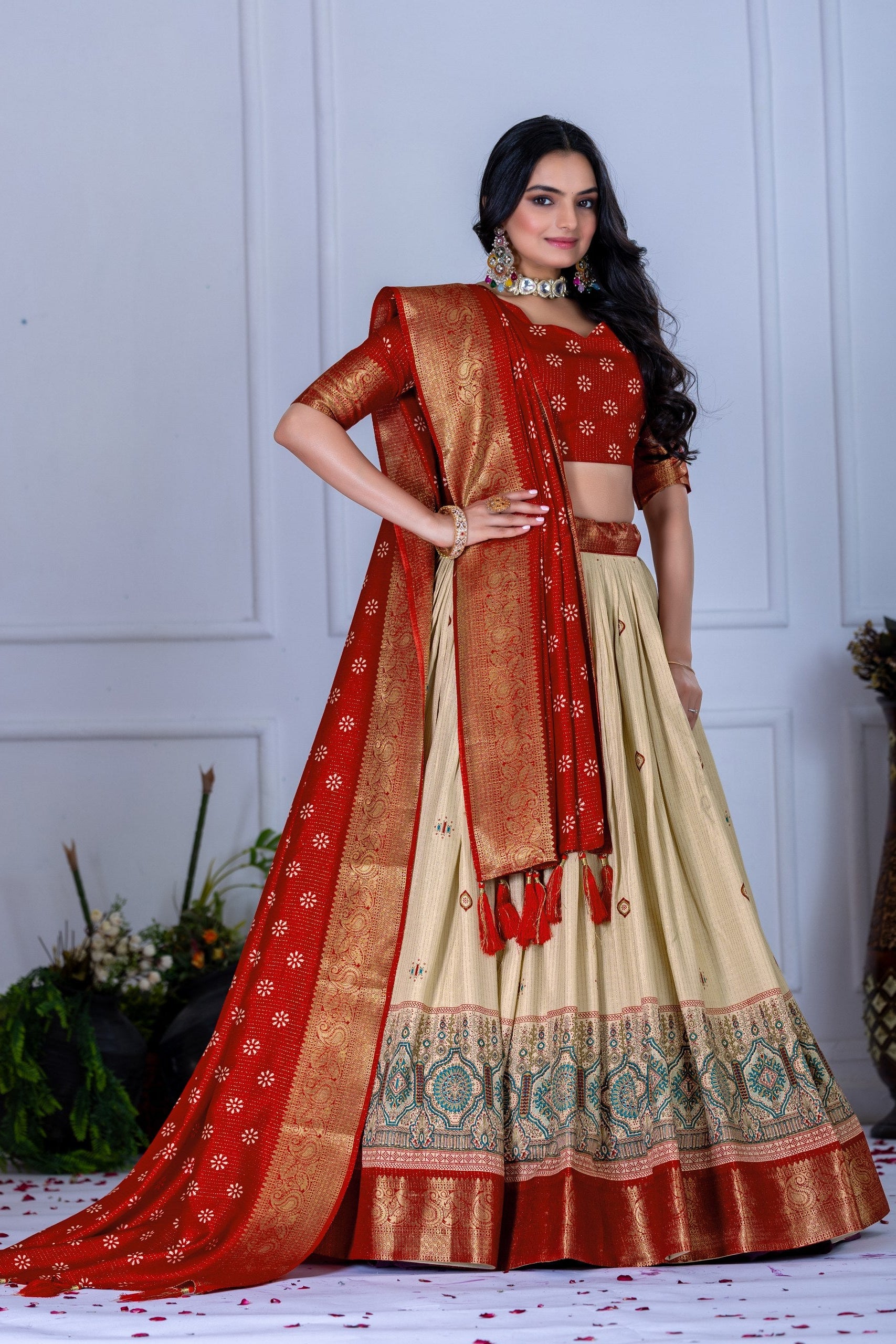 Women's Red & Cream Jacquard Lichi Silk Lehenga Choli with Designer Dupatta | Wedding, Festive, Navratri & Traditional Party Wear Lehenga Set