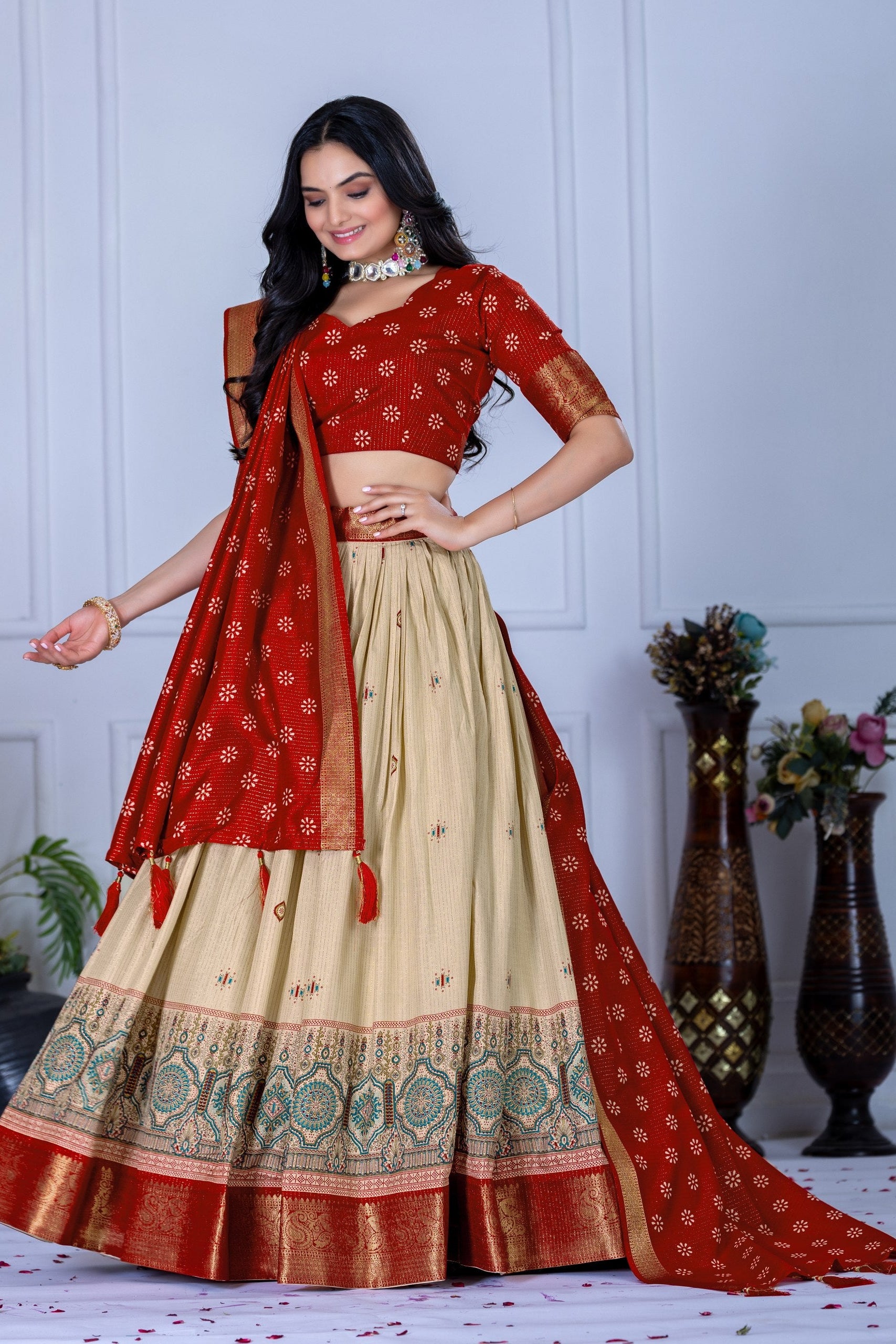 Women's Red & Cream Jacquard Lichi Silk Lehenga Choli with Designer Dupatta | Wedding, Festive, Navratri & Traditional Party Wear Lehenga Set