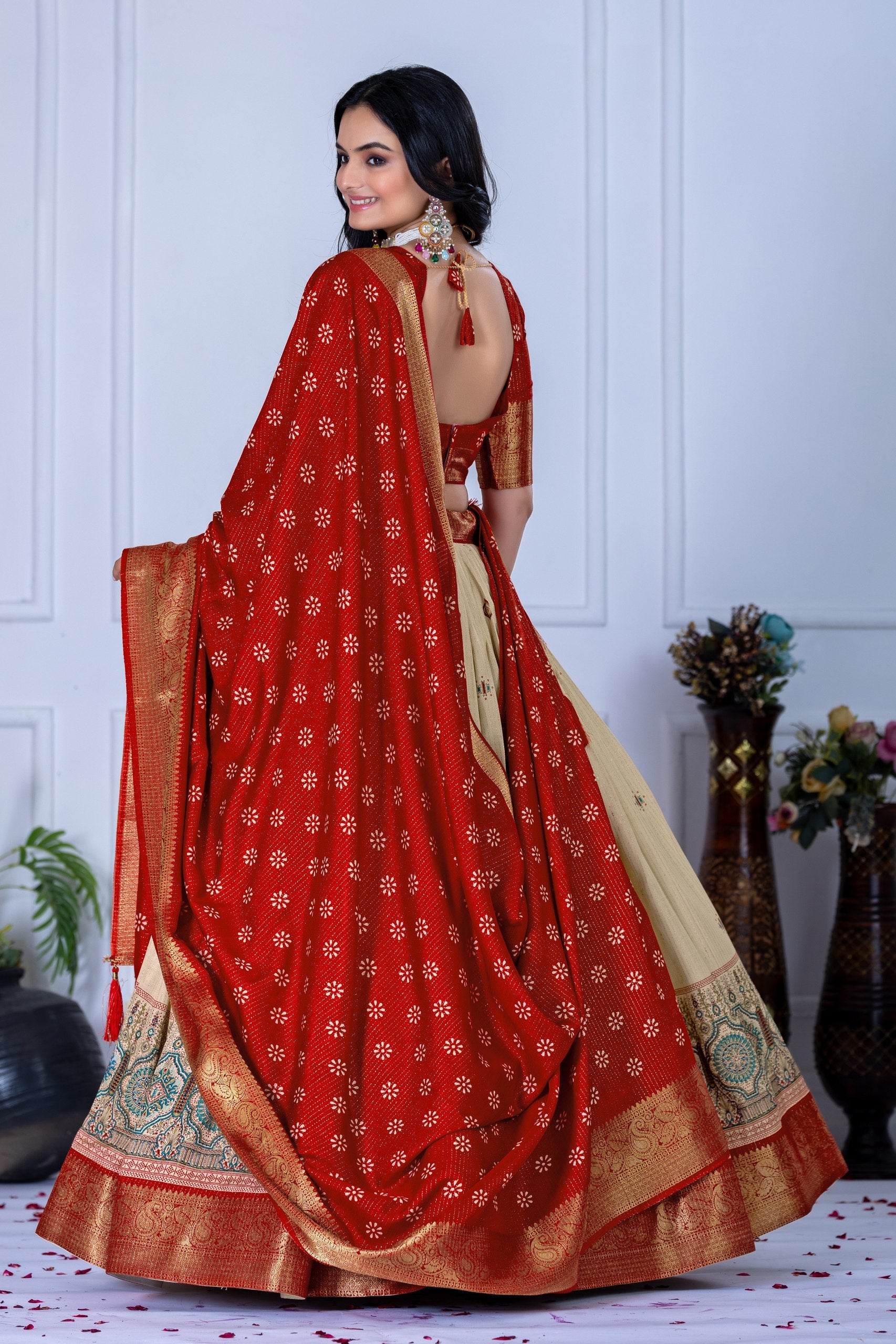 Women's Red & Cream Jacquard Lichi Silk Lehenga Choli with Designer Dupatta | Wedding, Festive, Navratri & Traditional Party Wear Lehenga Set