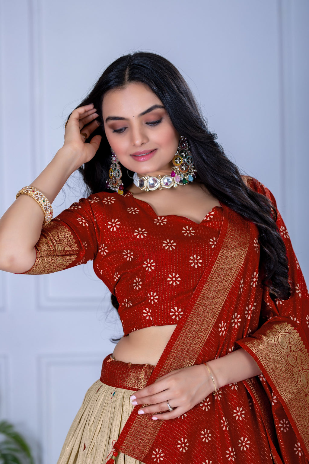 Women's Red & Cream Jacquard Lichi Silk Lehenga Choli with Designer Dupatta | Wedding, Festive, Navratri & Traditional Party Wear Lehenga Set