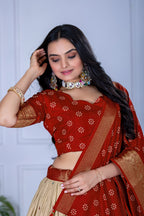 Women's Red & Cream Jacquard Lichi Silk Lehenga Choli with Designer Dupatta | Wedding, Festive, Navratri & Traditional Party Wear Lehenga Set
