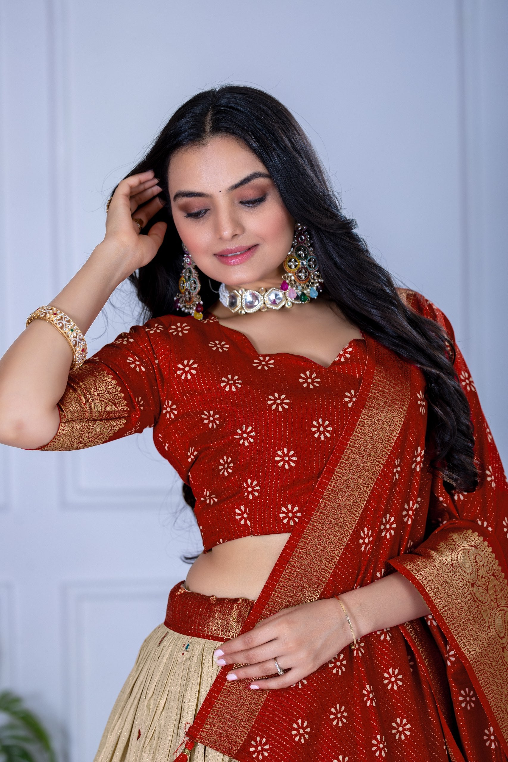 Women's Red & Cream Jacquard Lichi Silk Lehenga Choli with Designer Dupatta | Wedding, Festive, Navratri & Traditional Party Wear Lehenga Set
