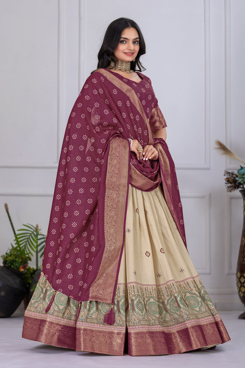Women's Wine & Cream Jacquard Lichi Silk Lehenga Choli with Designer Dupatta | Festive, Wedding, Navratri & Traditional Party Wear Lehenga Set