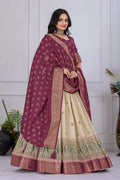 Women's Wine & Cream Jacquard Lichi Silk Lehenga Choli with Designer Dupatta | Festive, Wedding, Navratri & Traditional Party Wear Lehenga Set