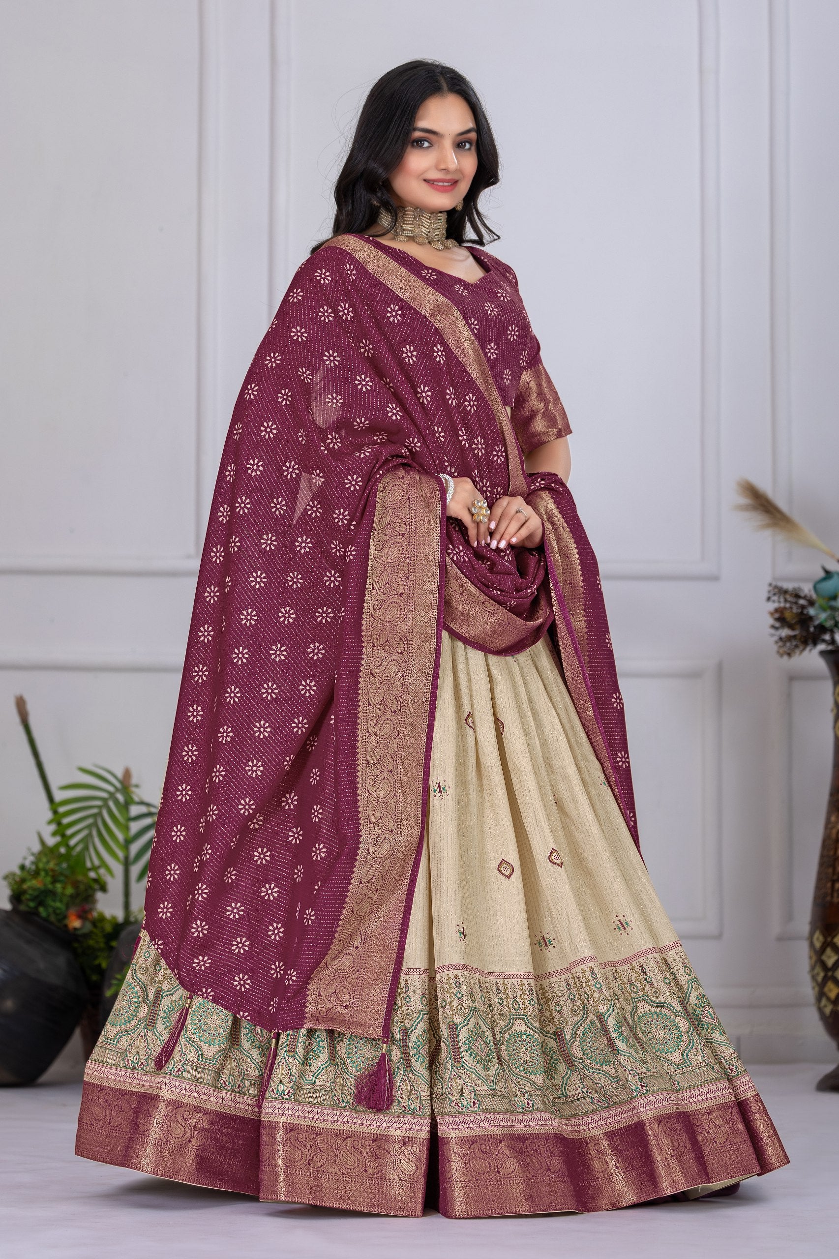 Women's Wine & Cream Jacquard Lichi Silk Lehenga Choli with Designer Dupatta | Festive, Wedding, Navratri & Traditional Party Wear Lehenga Set