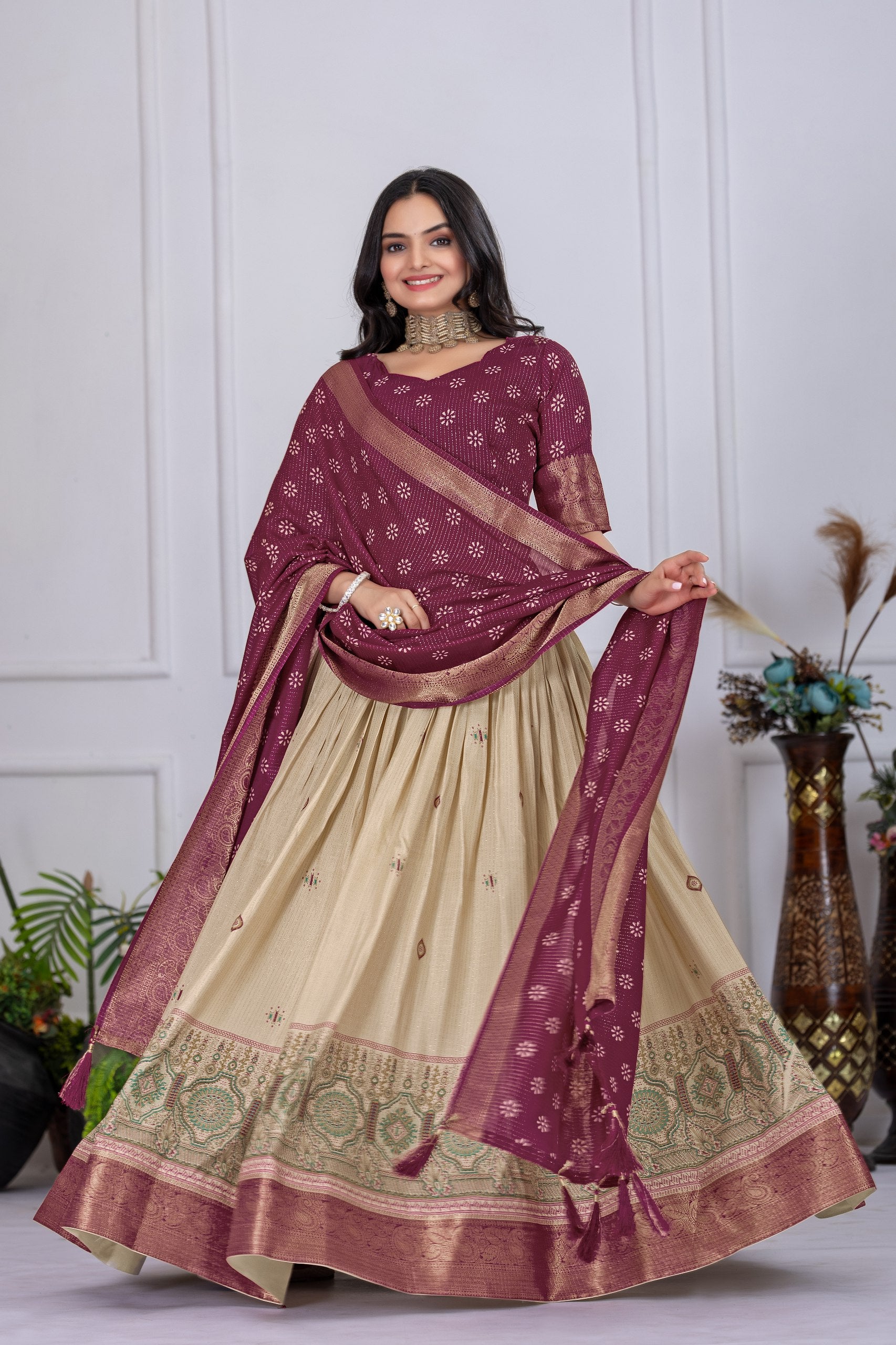 Women's Wine & Cream Jacquard Lichi Silk Lehenga Choli with Designer Dupatta | Festive, Wedding, Navratri & Traditional Party Wear Lehenga Set