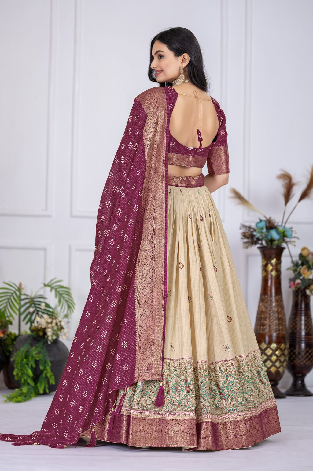 Women's Wine & Cream Jacquard Lichi Silk Lehenga Choli with Designer Dupatta | Festive, Wedding, Navratri & Traditional Party Wear Lehenga Set