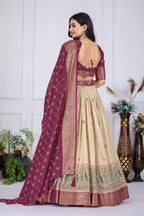 Women's Wine & Cream Jacquard Lichi Silk Lehenga Choli with Designer Dupatta | Festive, Wedding, Navratri & Traditional Party Wear Lehenga Set