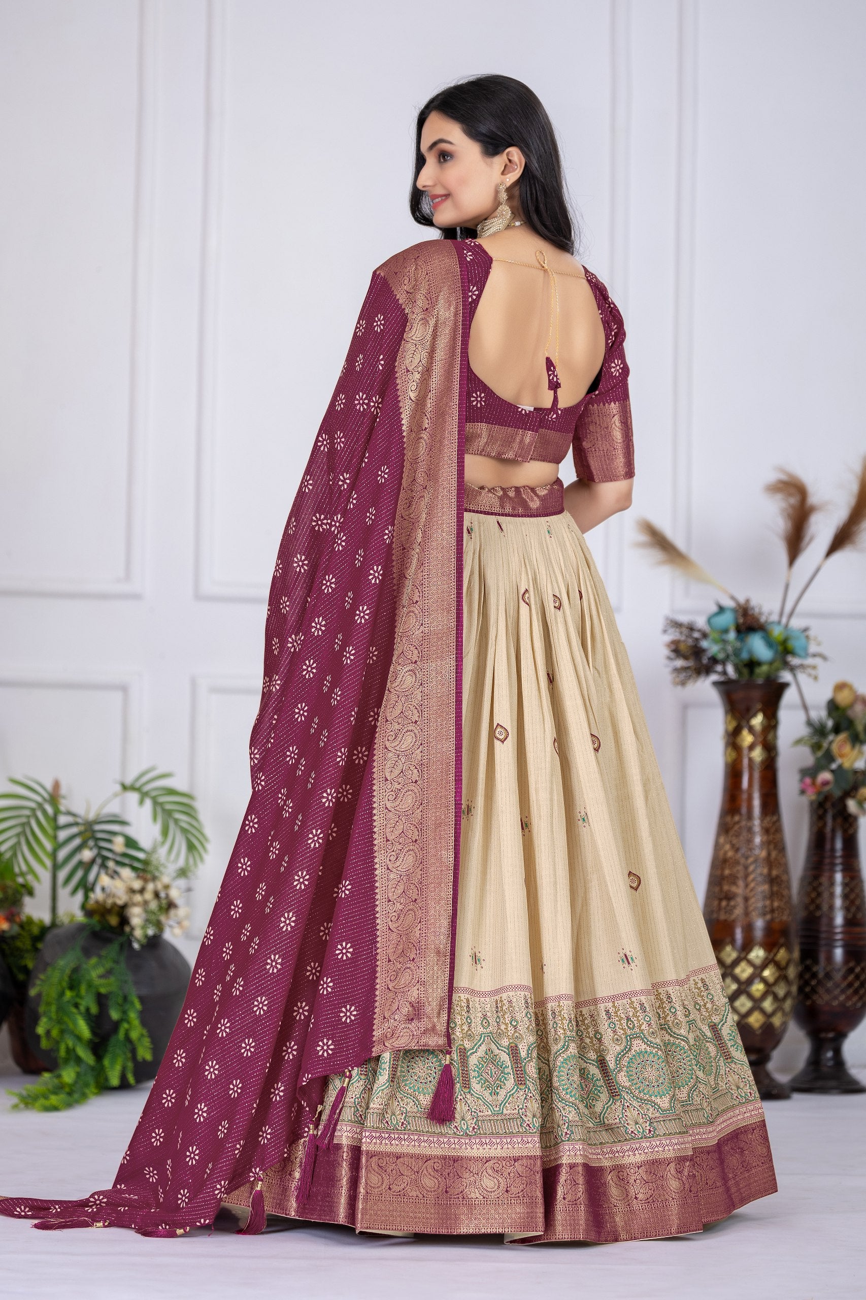 Women's Wine & Cream Jacquard Lichi Silk Lehenga Choli with Designer Dupatta | Festive, Wedding, Navratri & Traditional Party Wear Lehenga Set