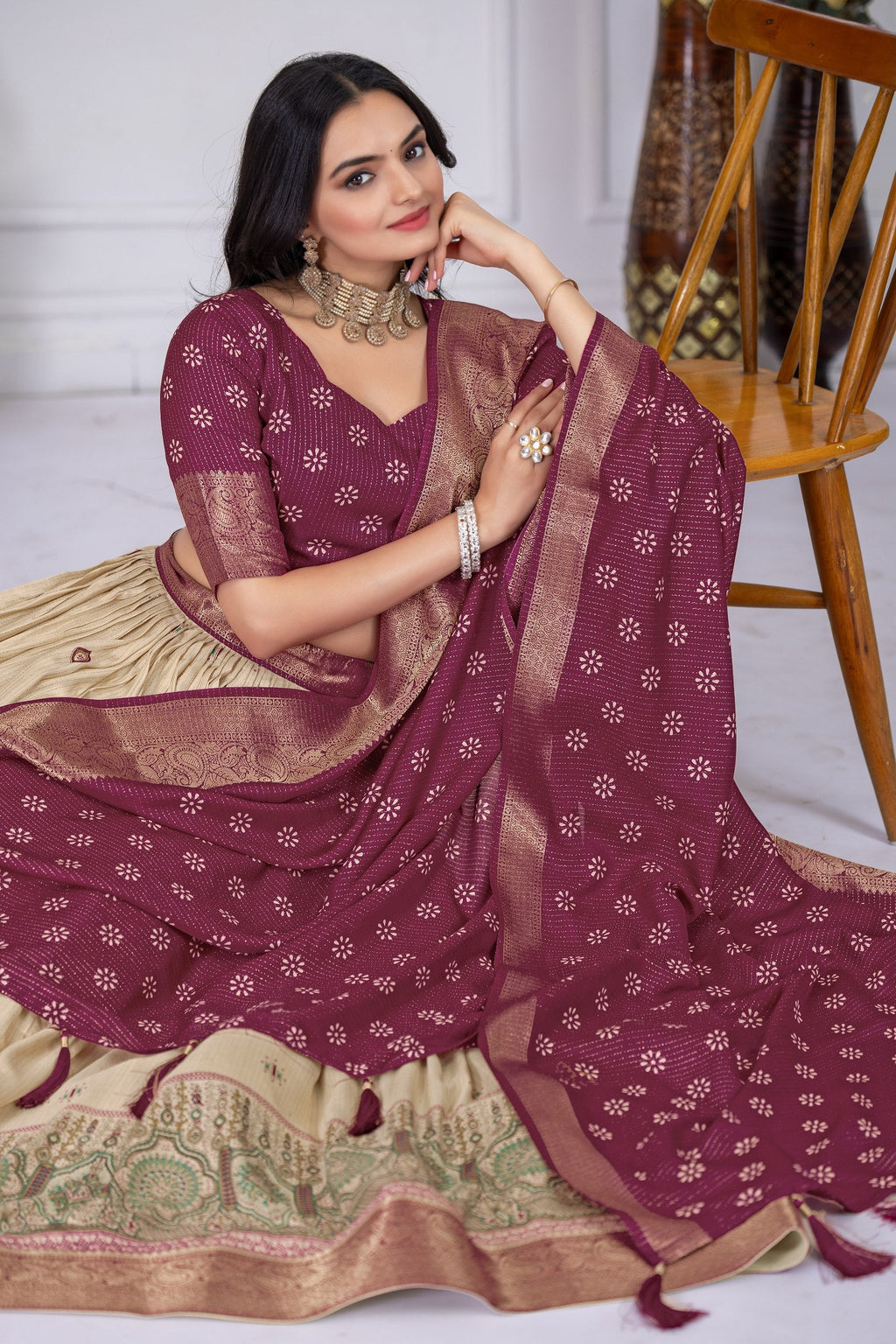 Women's Wine & Cream Jacquard Lichi Silk Lehenga Choli with Designer Dupatta | Festive, Wedding, Navratri & Traditional Party Wear Lehenga Set